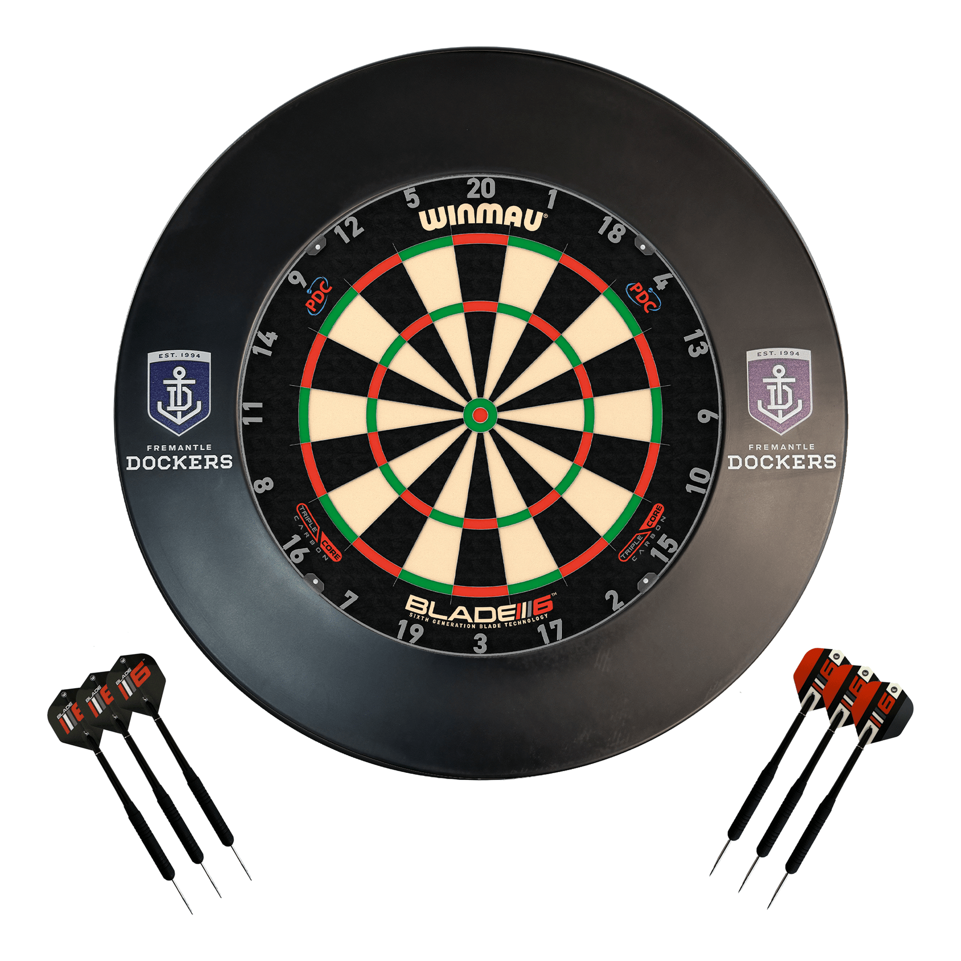 AFL Blade 6 Dartboard, Official AFL Surround & Darts - Complete Darts Set Blade 6 Triple Core / Fremantle Dockers Boards