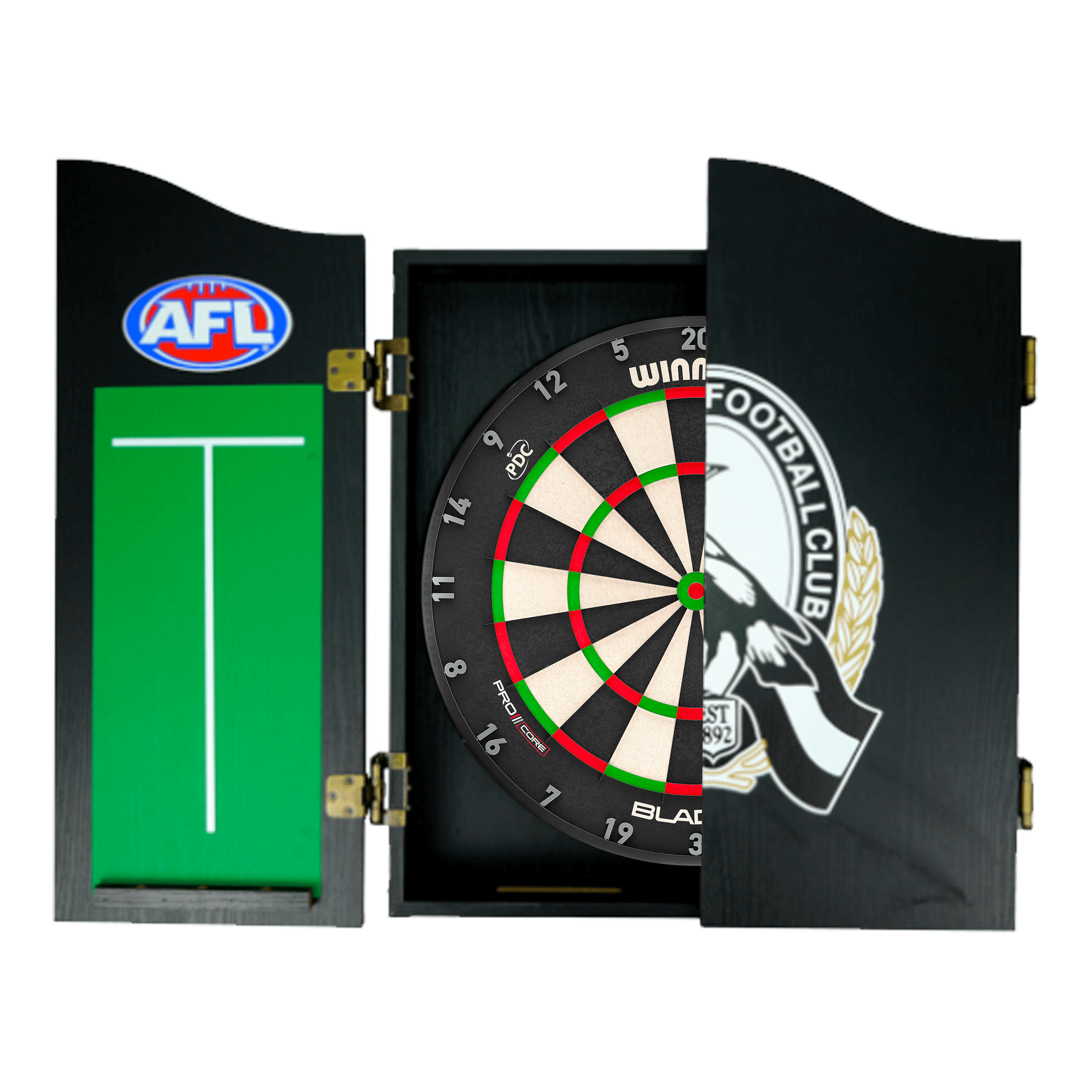 AFL Blade X Dartboard, Official AFL Cabinet & Darts - Complete Darts Set Blade X / Collingwood Magpies Boards