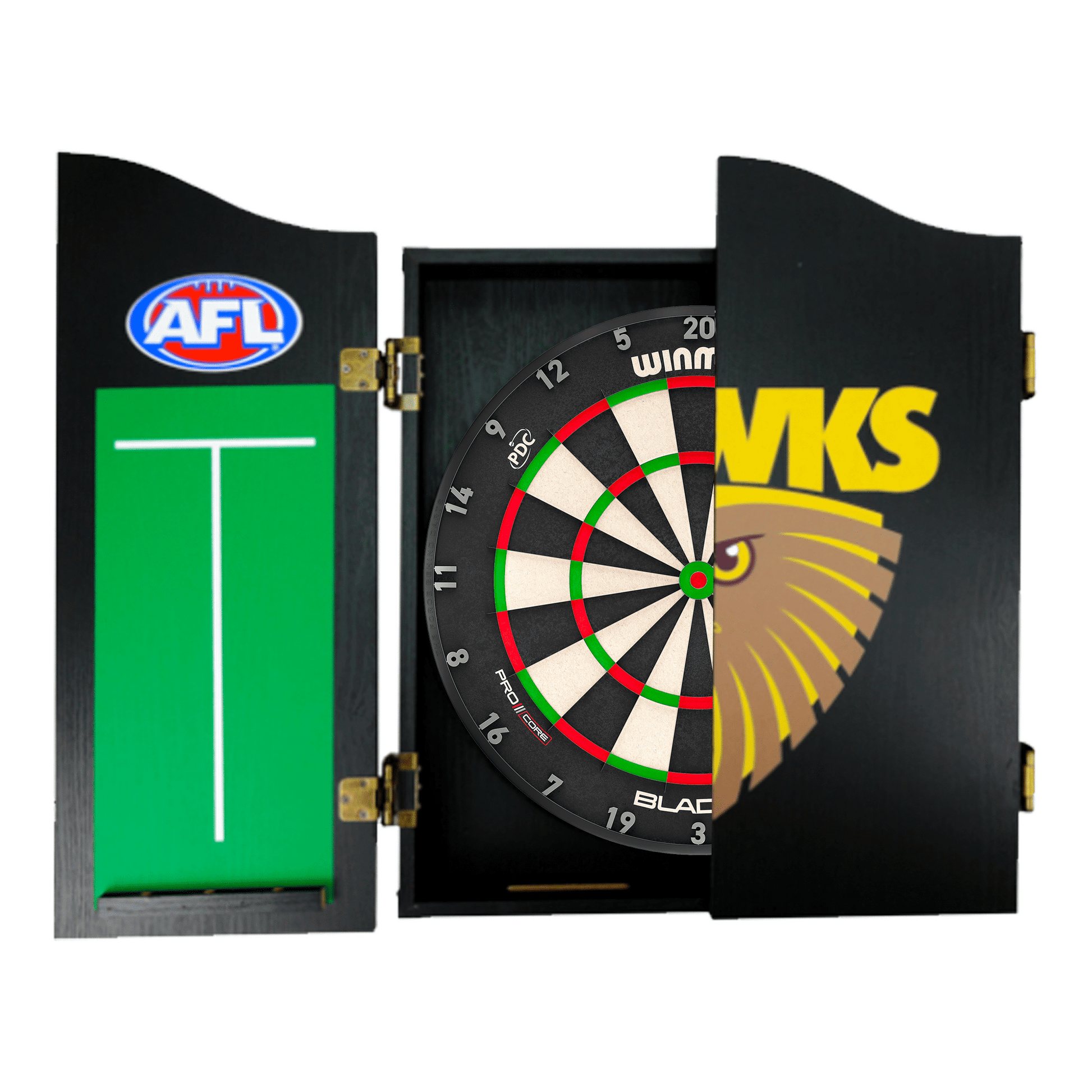 AFL Blade X Dartboard, Official AFL Cabinet & Darts - Complete Darts Set Blade X / Hawthorn Hawks Boards