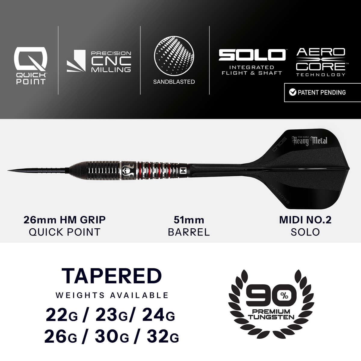 Harrows Ryan Searle Geo Quick Point - 90% Tungsten Steel Tip Darts Darts