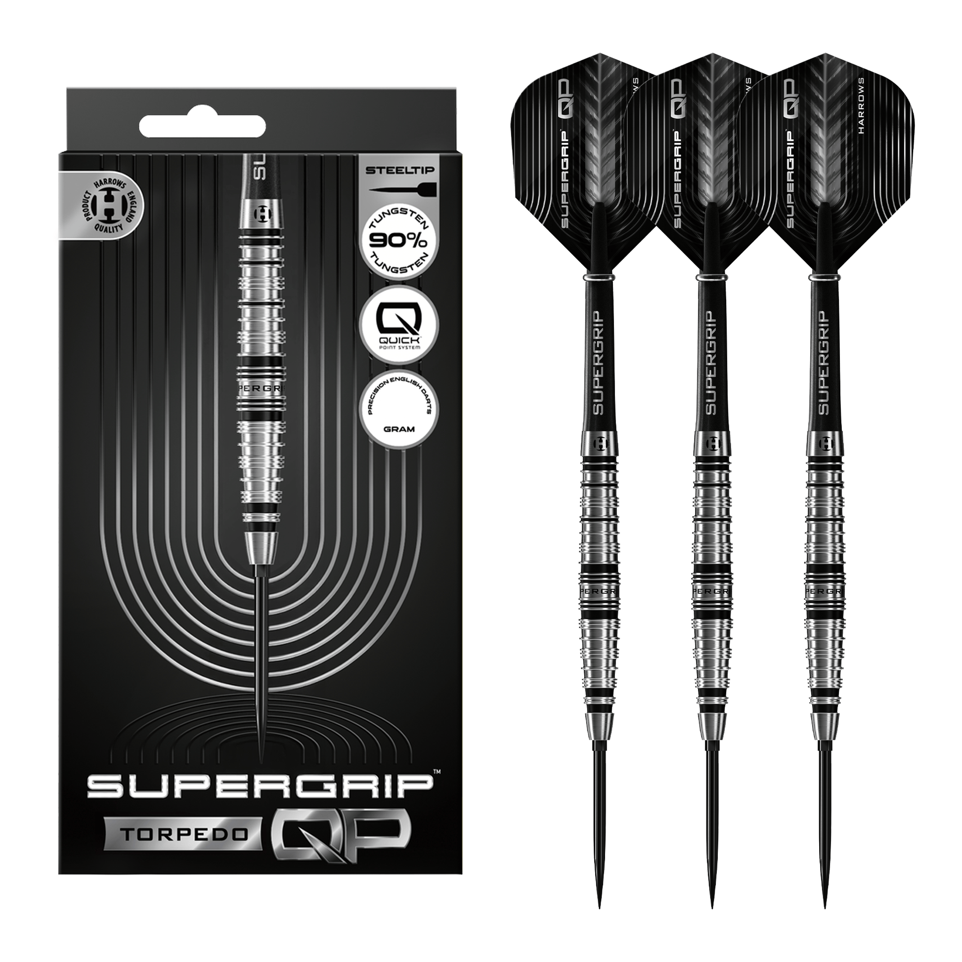Harrows Supergrip Torpedo Quick Point - 90% Tungsten Steel Tip Darts 22 Grams Darts