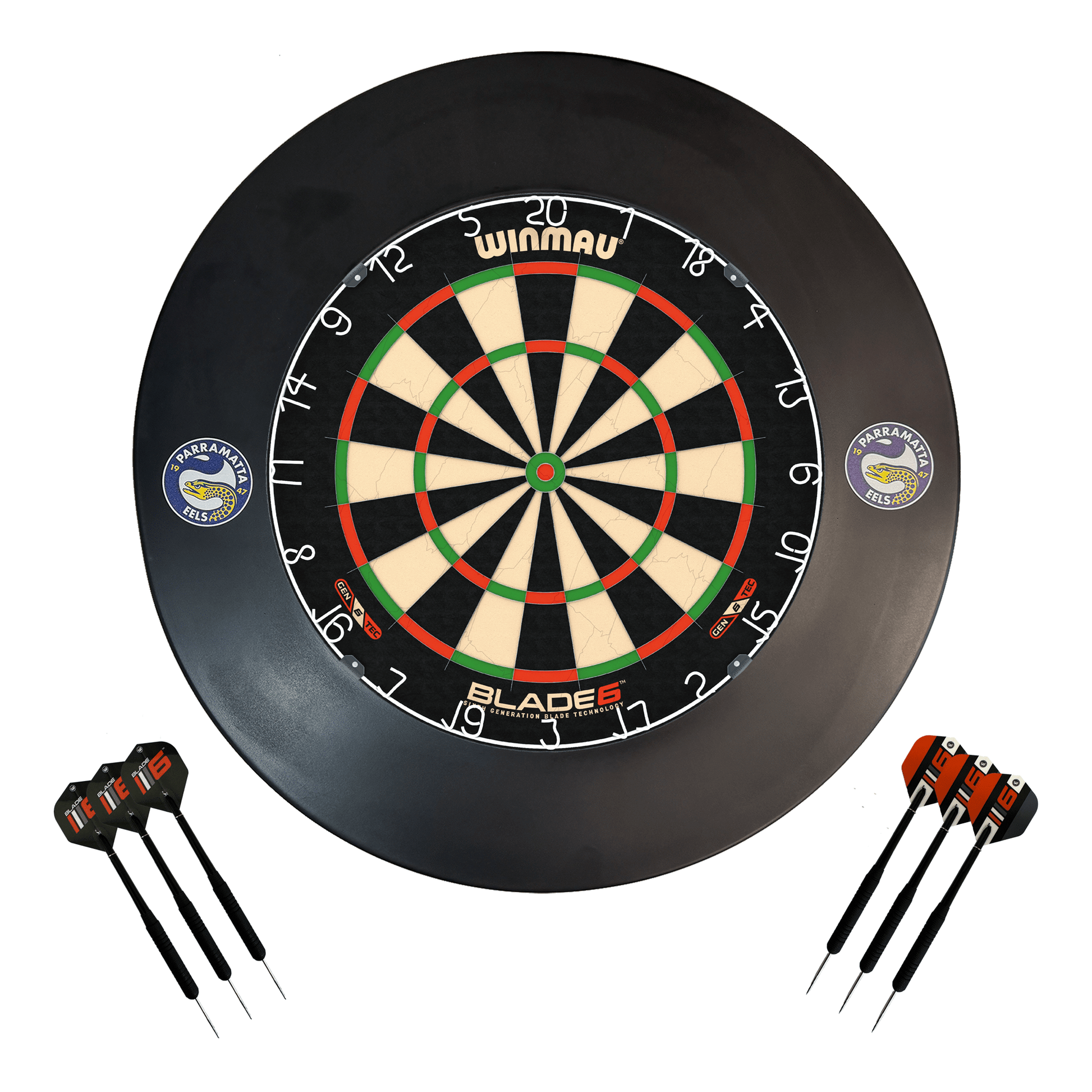 NRL Blade 6 Dartboard, Official NRL Surround & Darts - Complete Darts Set Blade 6 / Parramatta Eels Boards