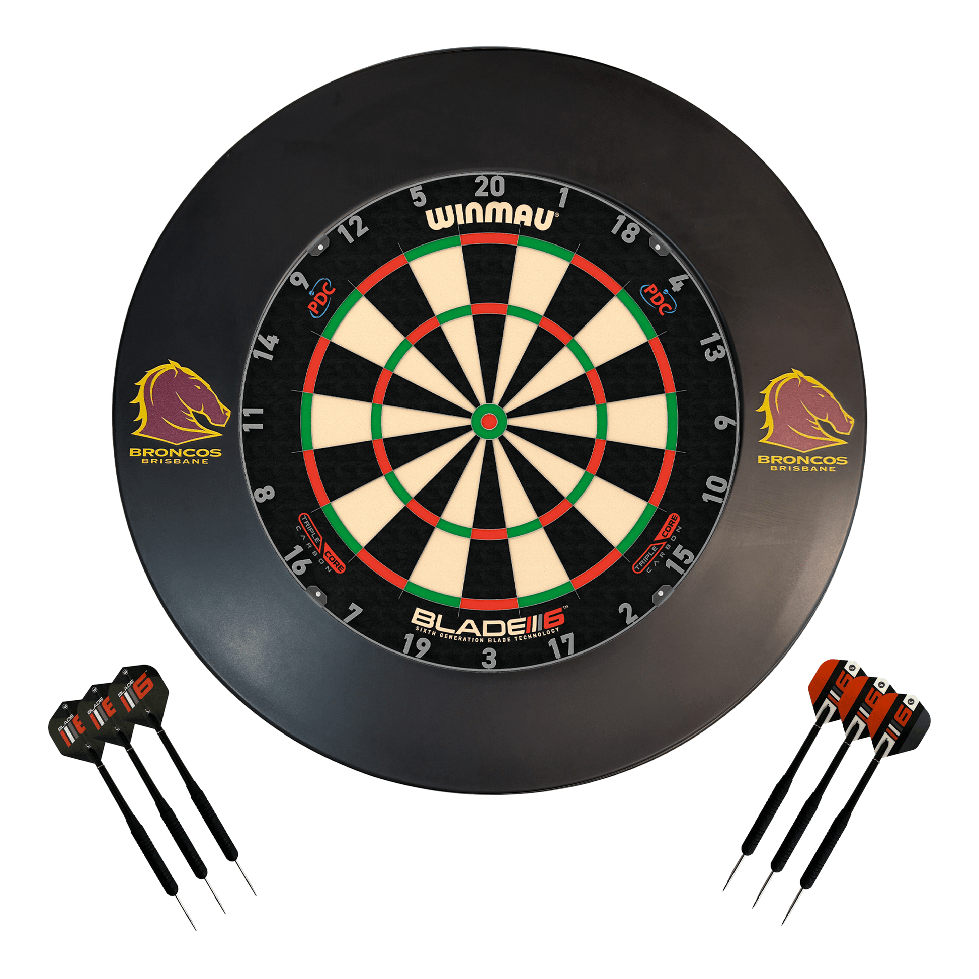 NRL Blade 6 Dartboard, Official NRL Surround & Darts - Complete Darts Set Blade 6 Triple Core / Brisbane Broncos Boards