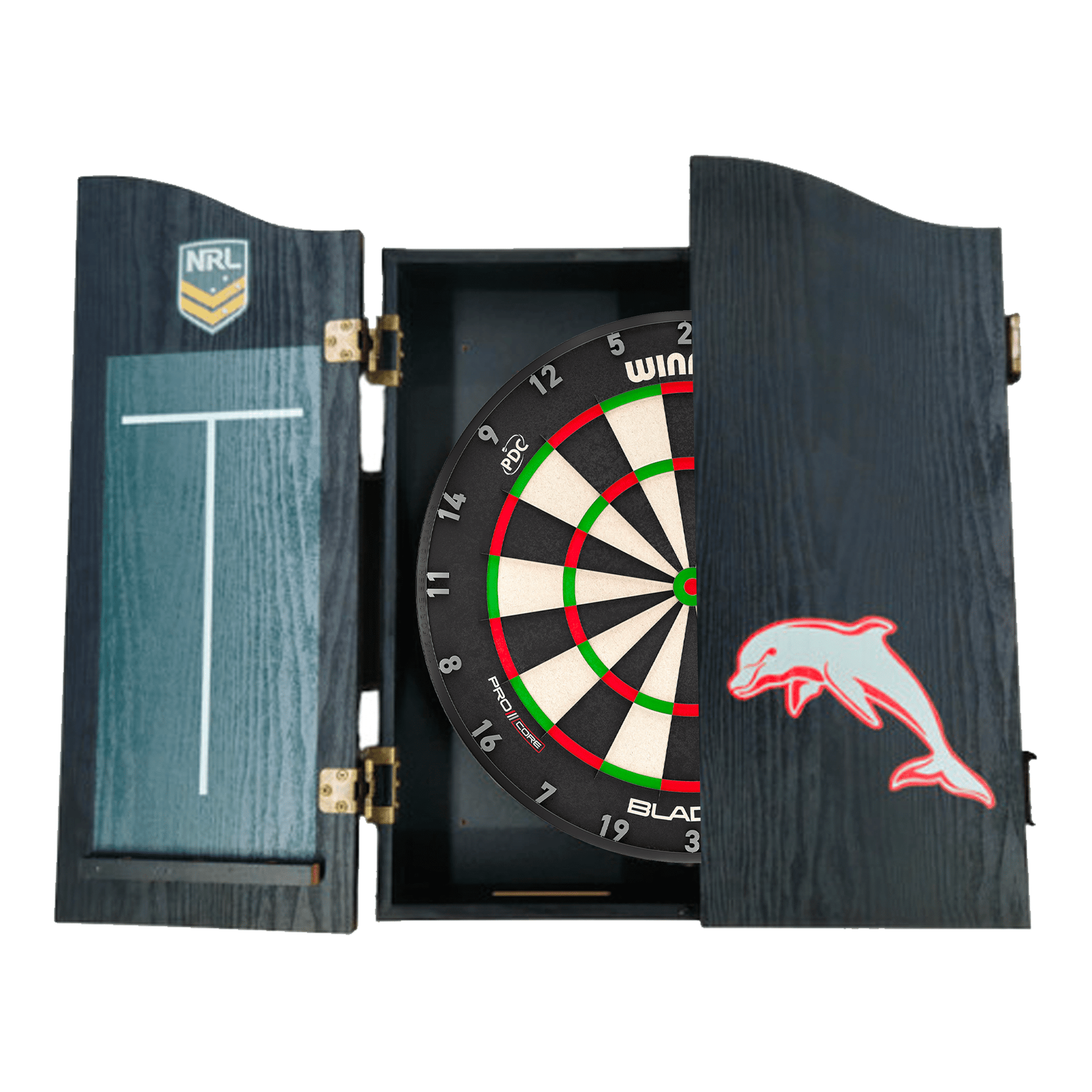 NRL Blade X Dartboard, Official NRL Cabinet & Darts - Complete Darts Set Blade X / Dolphins Boards