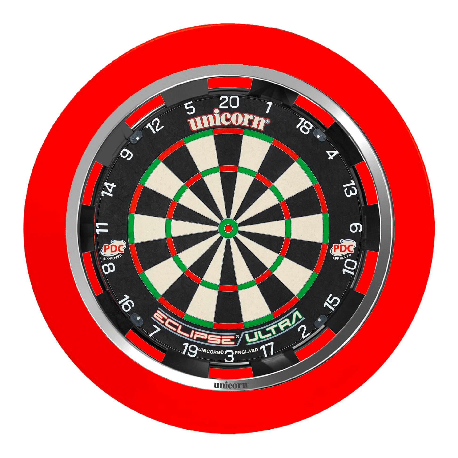Unicorn Eclipse Ultra Dartboard, Surround & Solar Flare Light Bundle Ultra / Red / Solar Flare Boards