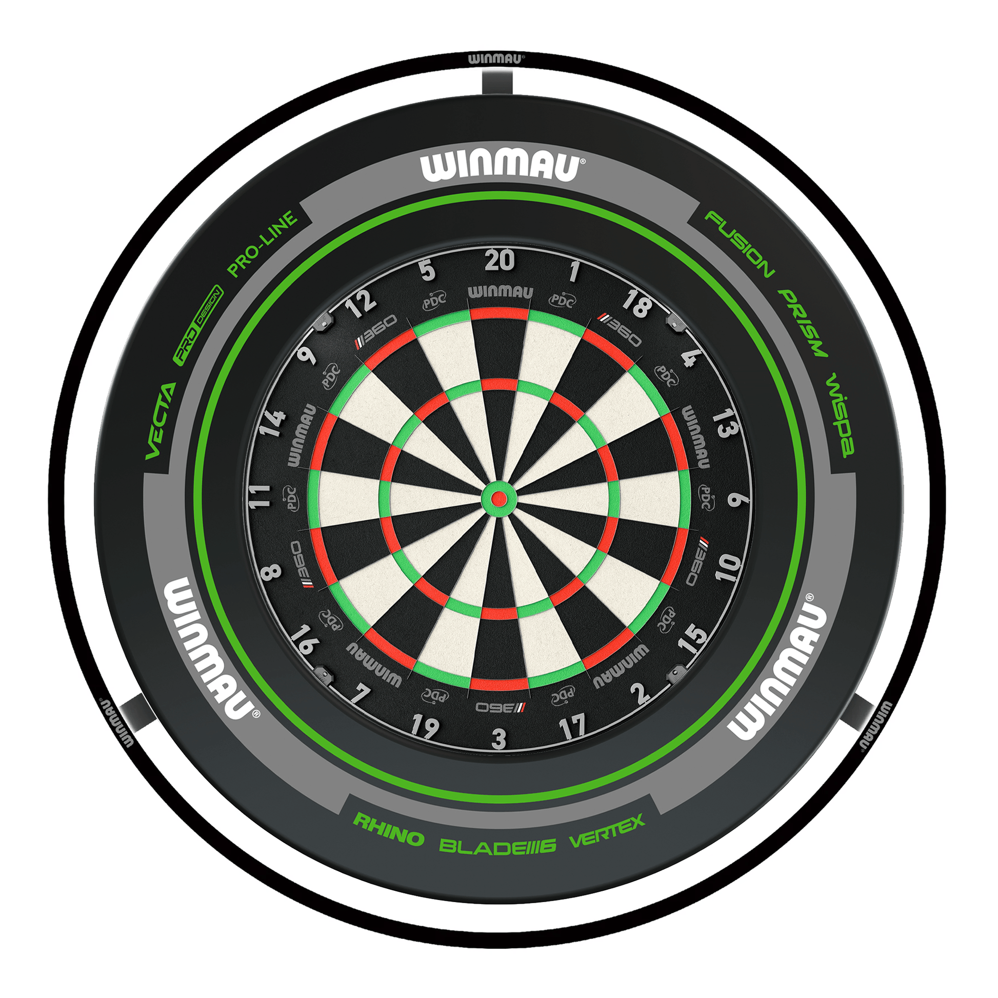 Winmau Blade 360 Dartboard, Surround & Black Plasma Light Bundle Blade 360 / Advance Black/Green / Winmau Plasma Black Boards