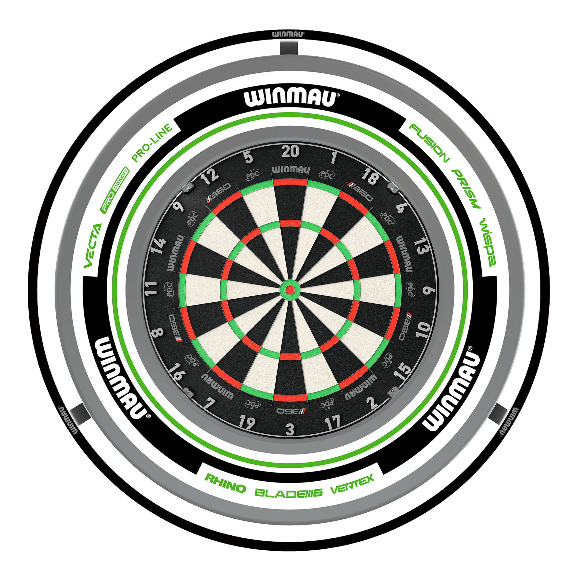 Winmau Blade 360 Dartboard, Surround & Black Plasma Light Bundle Blade 360 / Advance White/Green / Winmau Plasma Black Boards