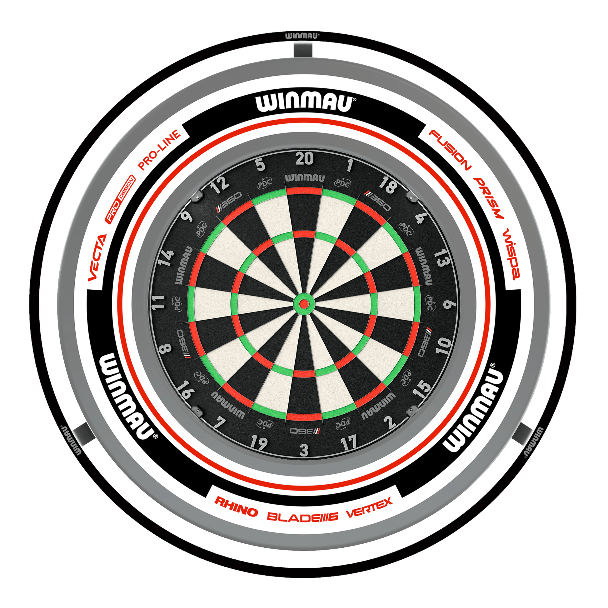 Winmau Blade 360 Dartboard, Surround & Black Plasma Light Bundle Blade 360 / Advance White/Red / Winmau Plasma Black Boards