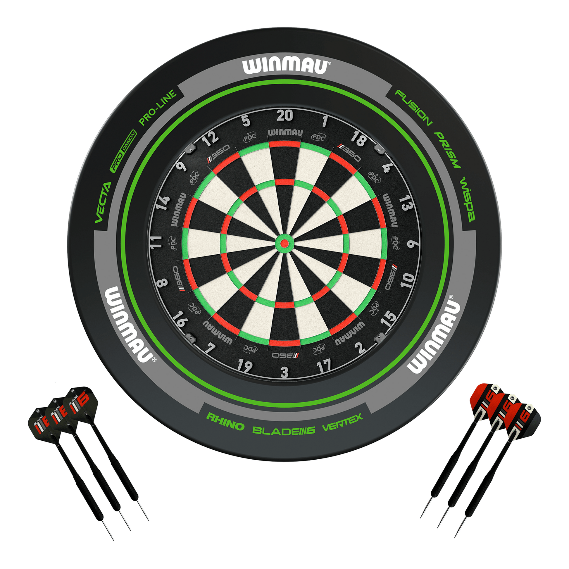 Winmau Blade 360 Dartboard, Surround & Darts - Complete Darts Set Blade 360 / Advance Black/Green Boards