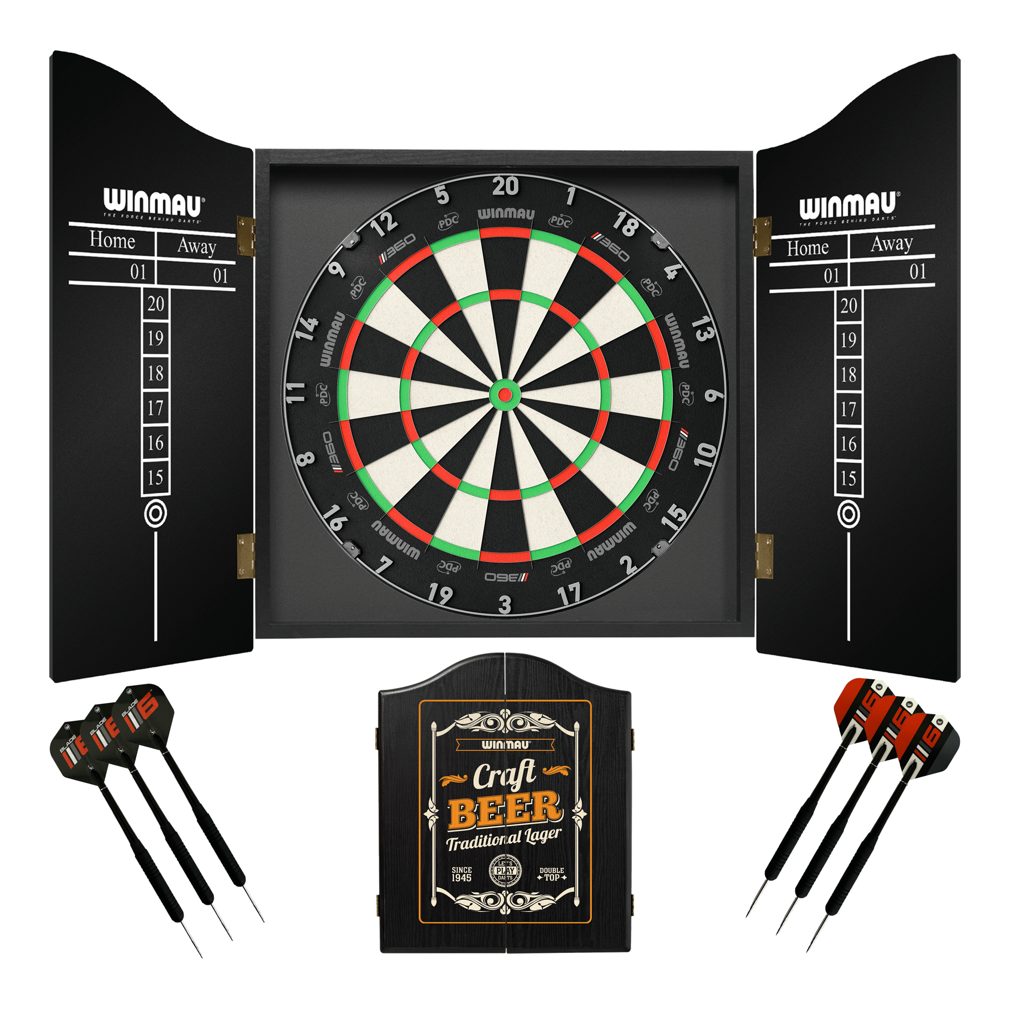 Winmau Blade 6 Dartboard, Cabinet & Darts - Complete Darts Set Blade 360 / Craft Beer Boards
