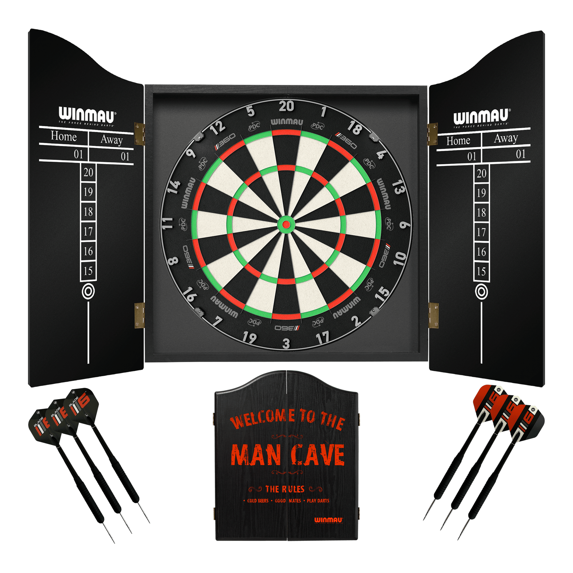 Winmau Blade 6 Dartboard, Cabinet & Darts - Complete Darts Set Blade 360 / Man Cave Boards