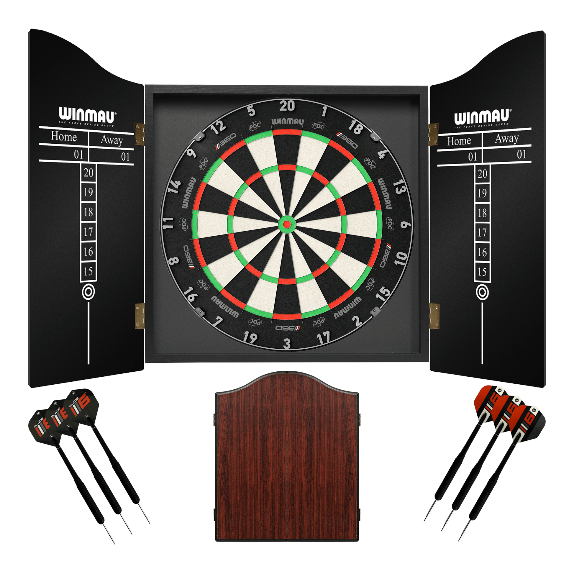 Winmau Blade 6 Dartboard, Cabinet & Darts - Complete Darts Set Blade 360 / Rosewood Boards