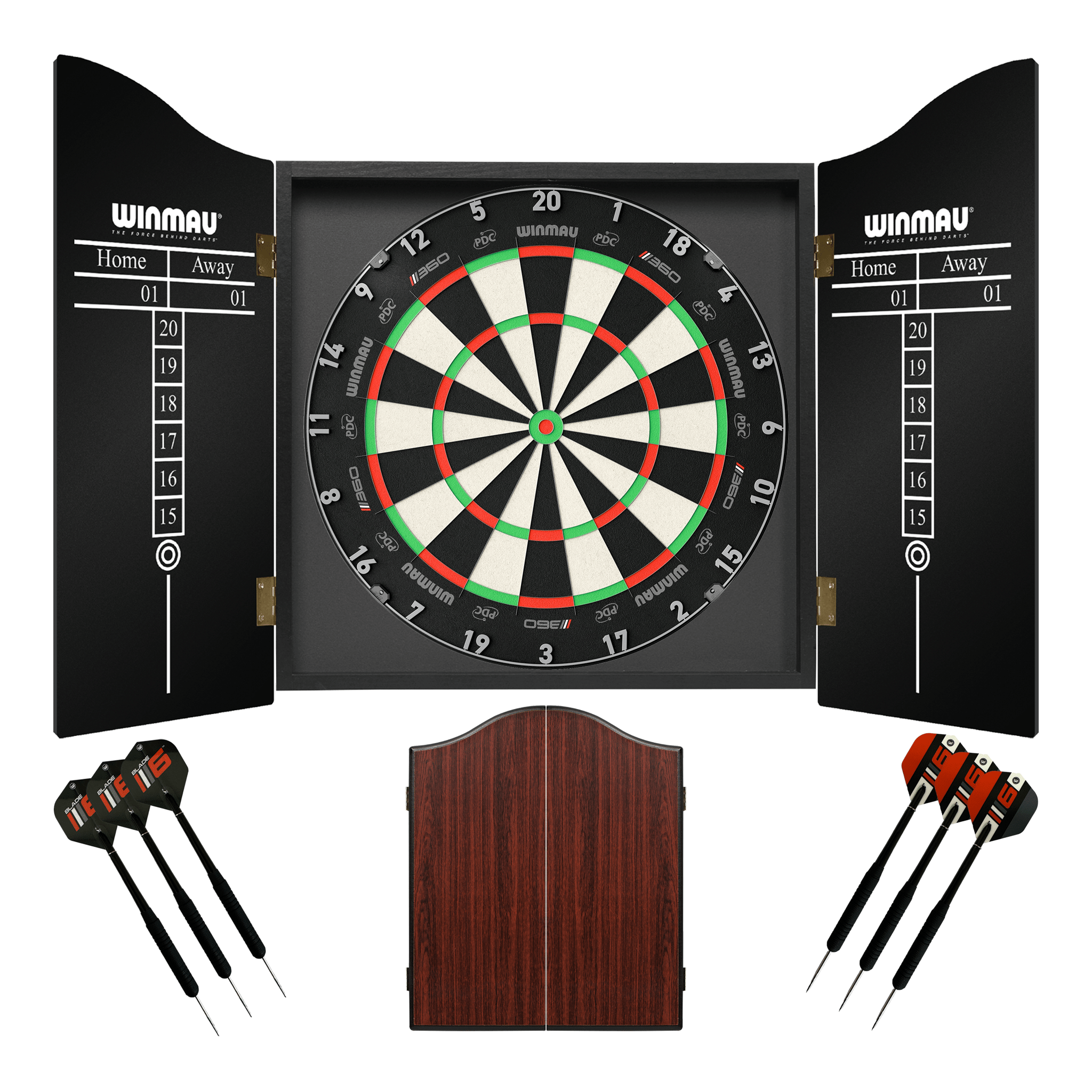 Winmau Blade 6 Dartboard, Cabinet & Darts - Complete Darts Set Blade 360 / Rosewood Boards