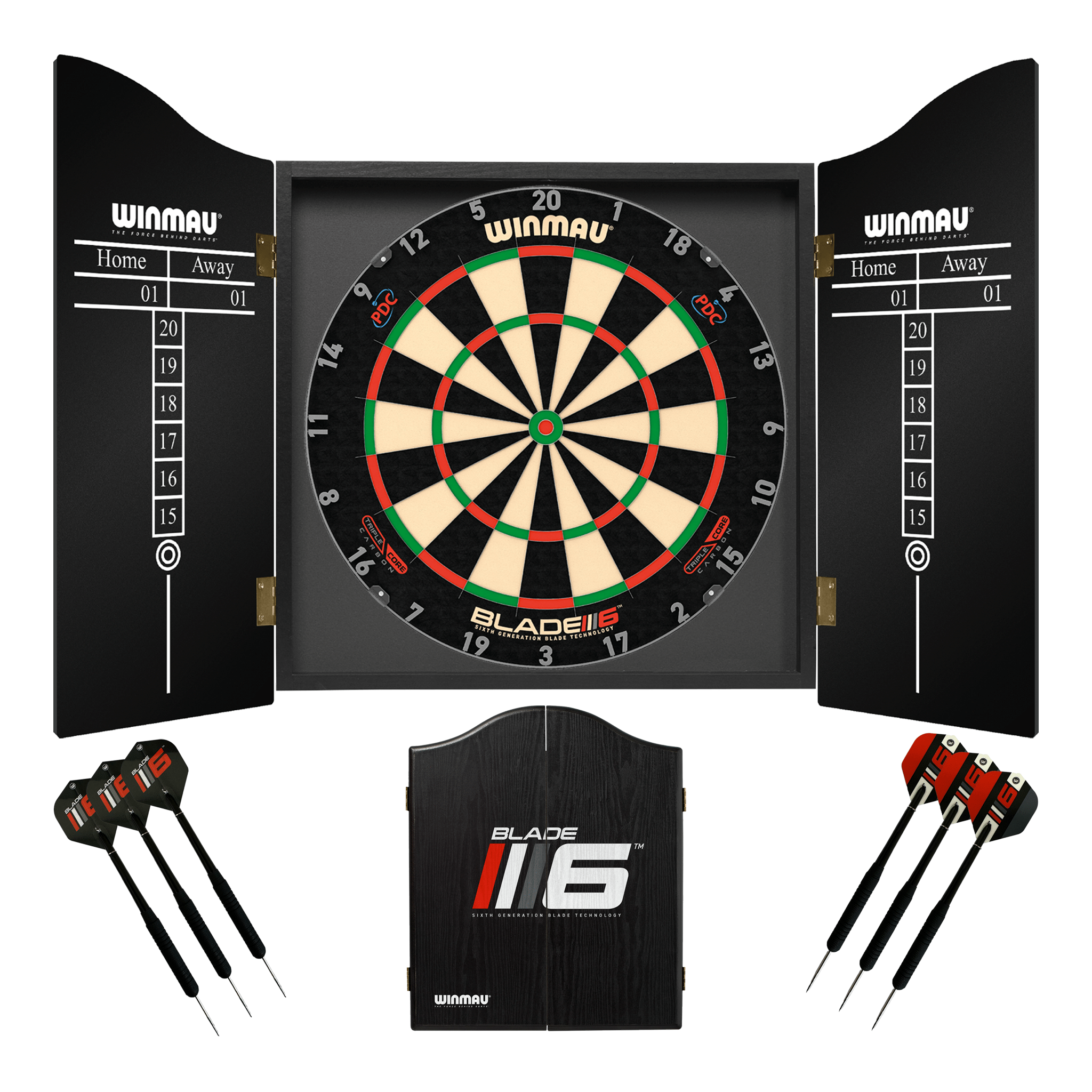 Winmau Blade 6 Dartboard, Cabinet & Darts - Complete Darts Set Blade 6 Triple Core / Blade 6 Boards