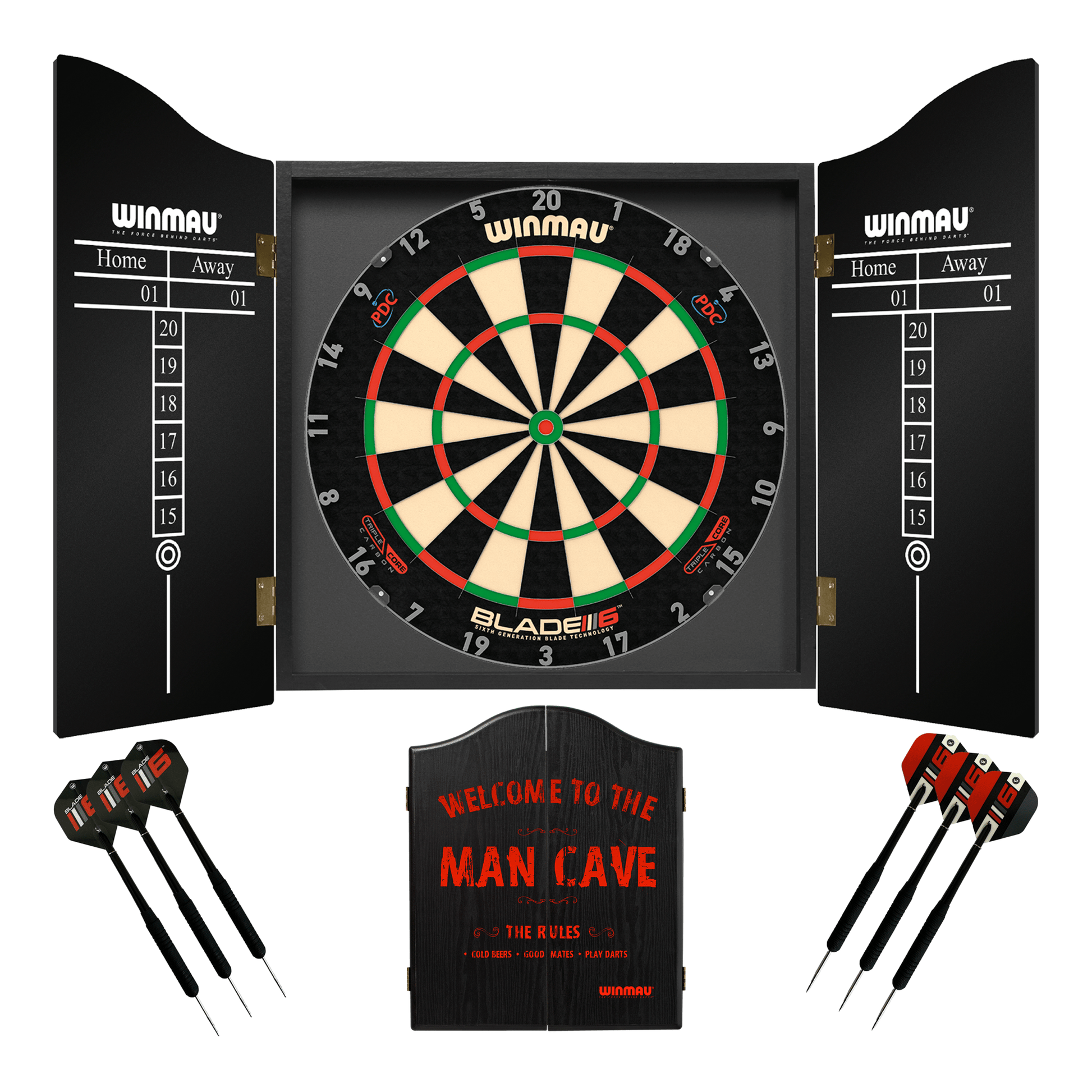 Winmau Blade 6 Dartboard, Cabinet & Darts - Complete Darts Set Blade 6 Triple Core / Man Cave Boards