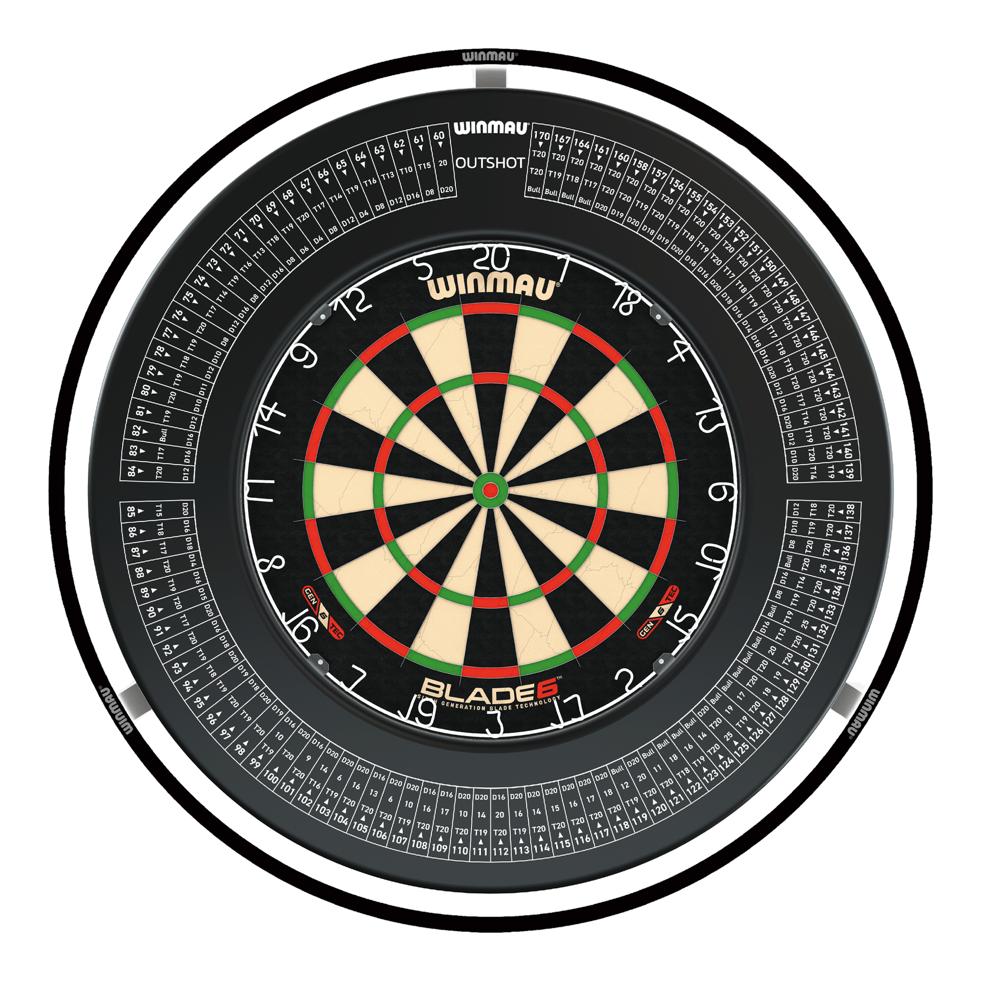Winmau Blade 6 Dartboard, Surround & Black Plasma Light Bundle Blade 6 / Out Shot / Winmau Plasma Black Boards