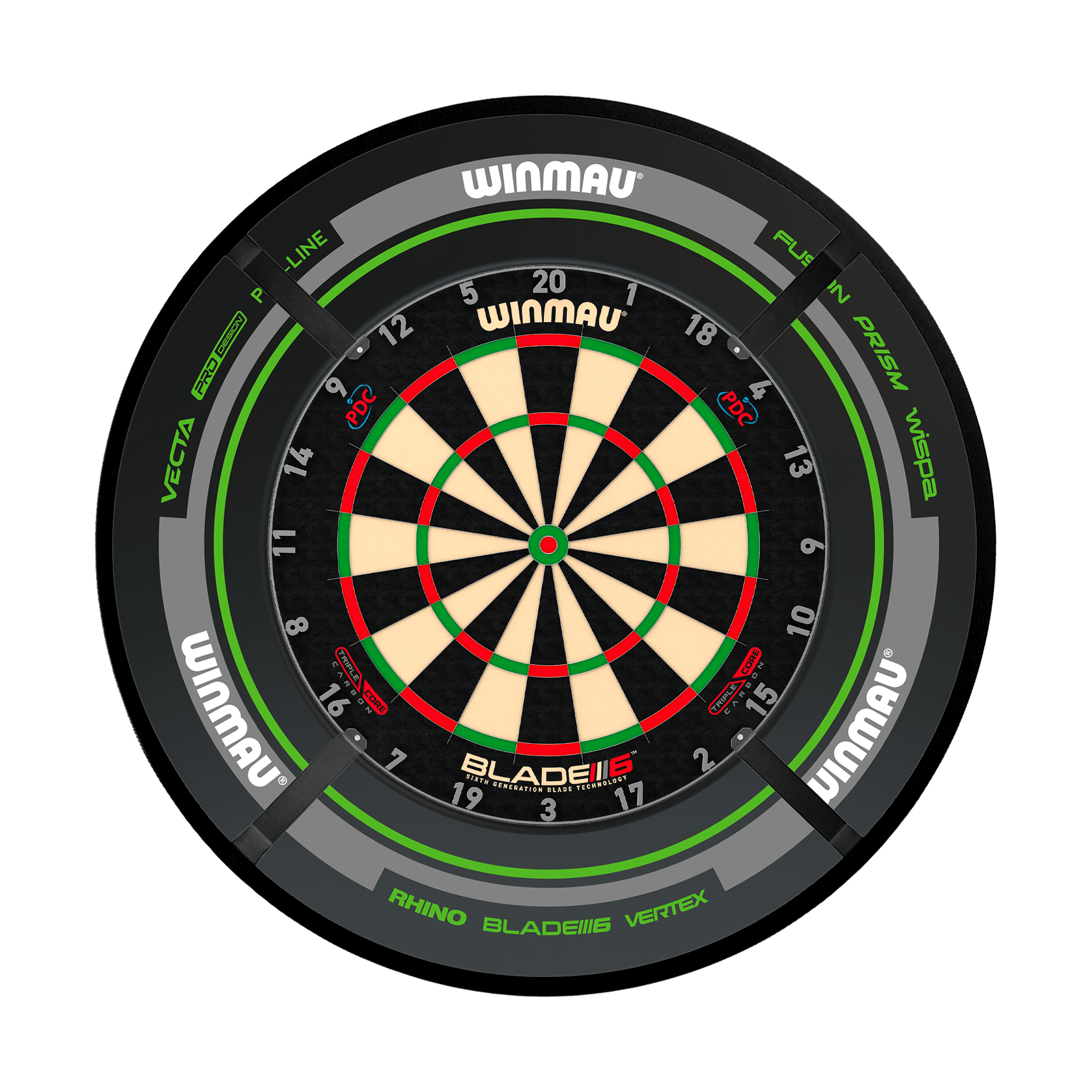 Winmau Blade 6 Dartboard, Surround & Corona Light Bundle Blade 6 Triple Core / Advance Black/Green / Target Corona Vision Boards