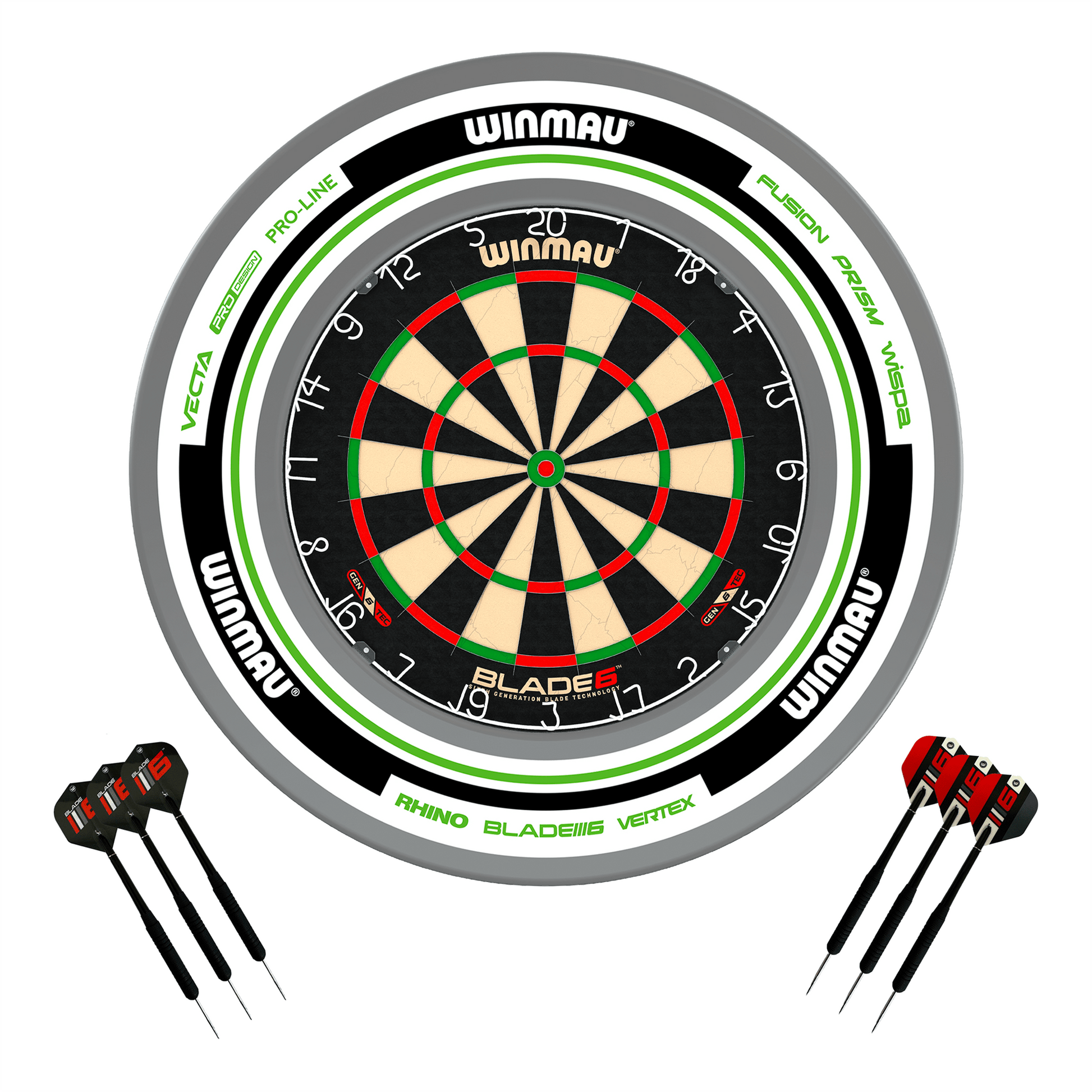 Winmau Blade 6 Dartboard, Surround & Darts - Complete Darts Set Blade 6 / Advance White/Green Boards