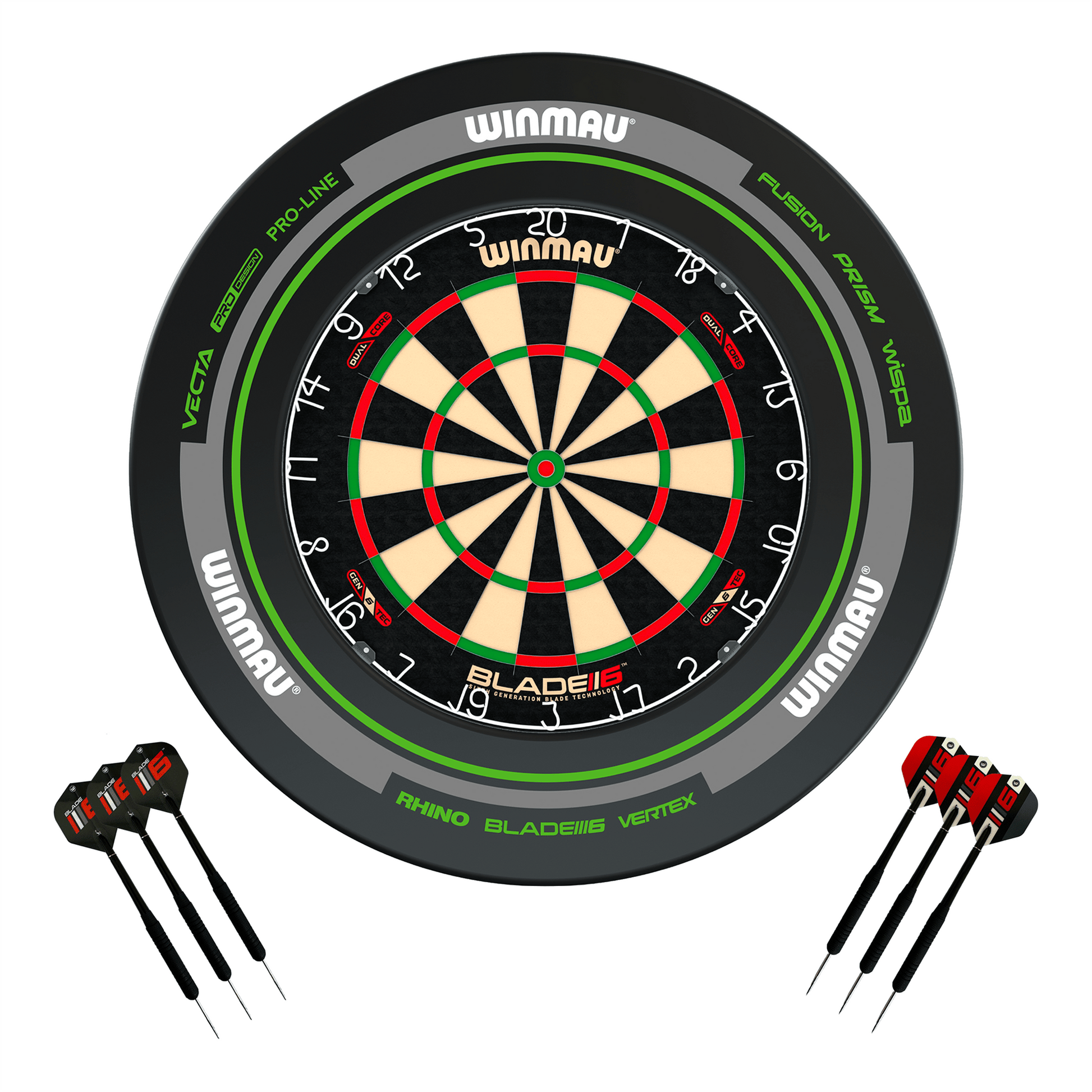 Winmau Blade 6 Dartboard, Surround & Darts - Complete Darts Set Blade 6 Dual Core / Advance Black/Green Boards