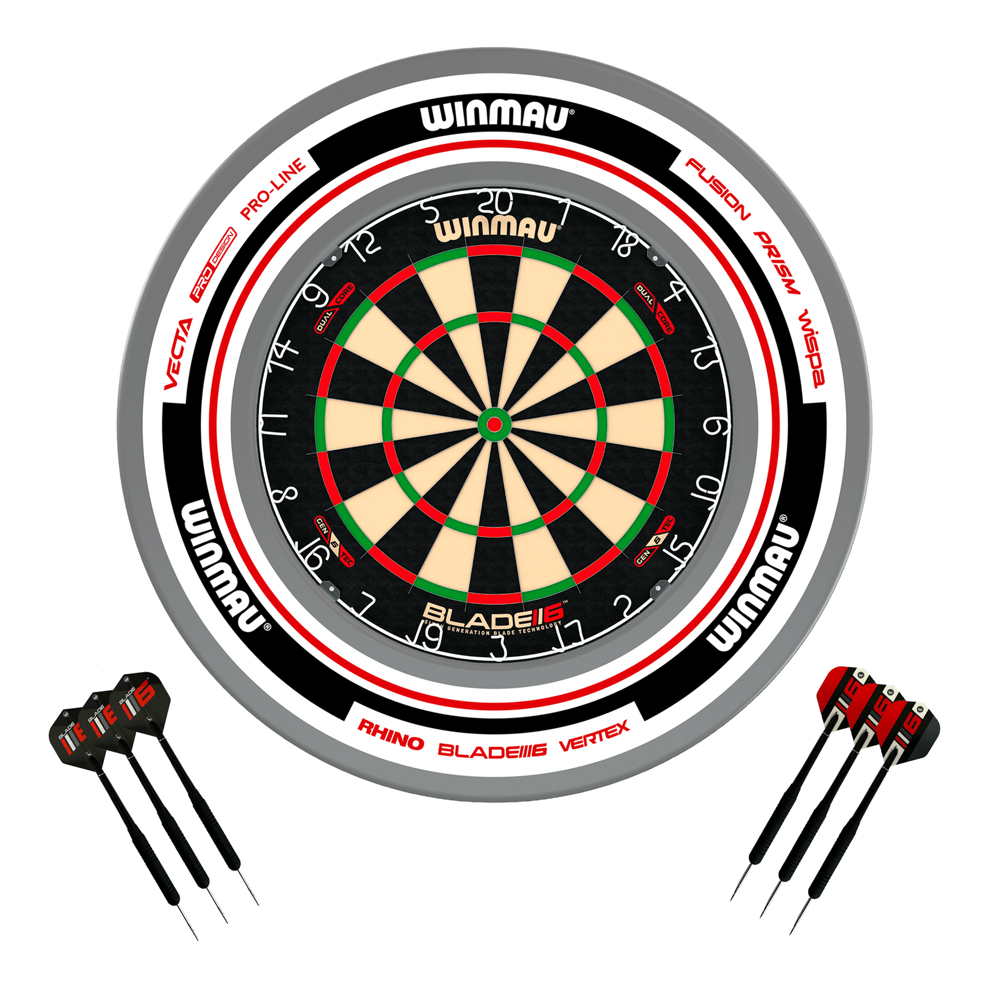Winmau Blade 6 Dartboard, Surround & Darts - Complete Darts Set Blade 6 Dual Core / Advance White/Red Boards