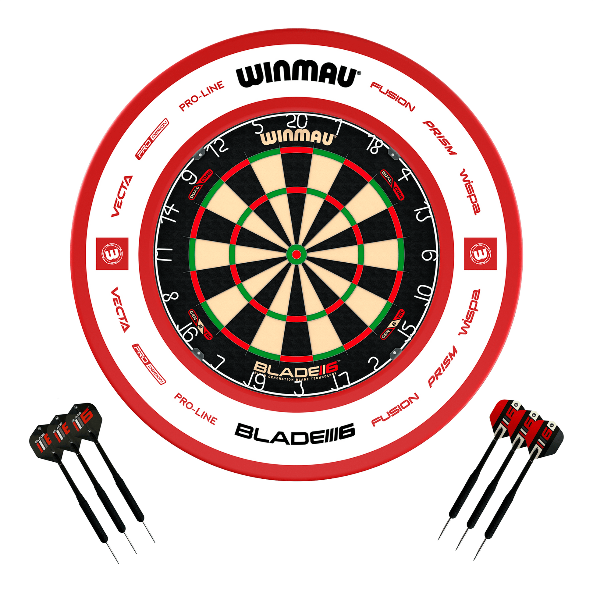 Winmau Blade 6 Dartboard, Surround & Darts - Complete Darts Set Blade 6 Dual Core / Pro 2.0 Red Boards