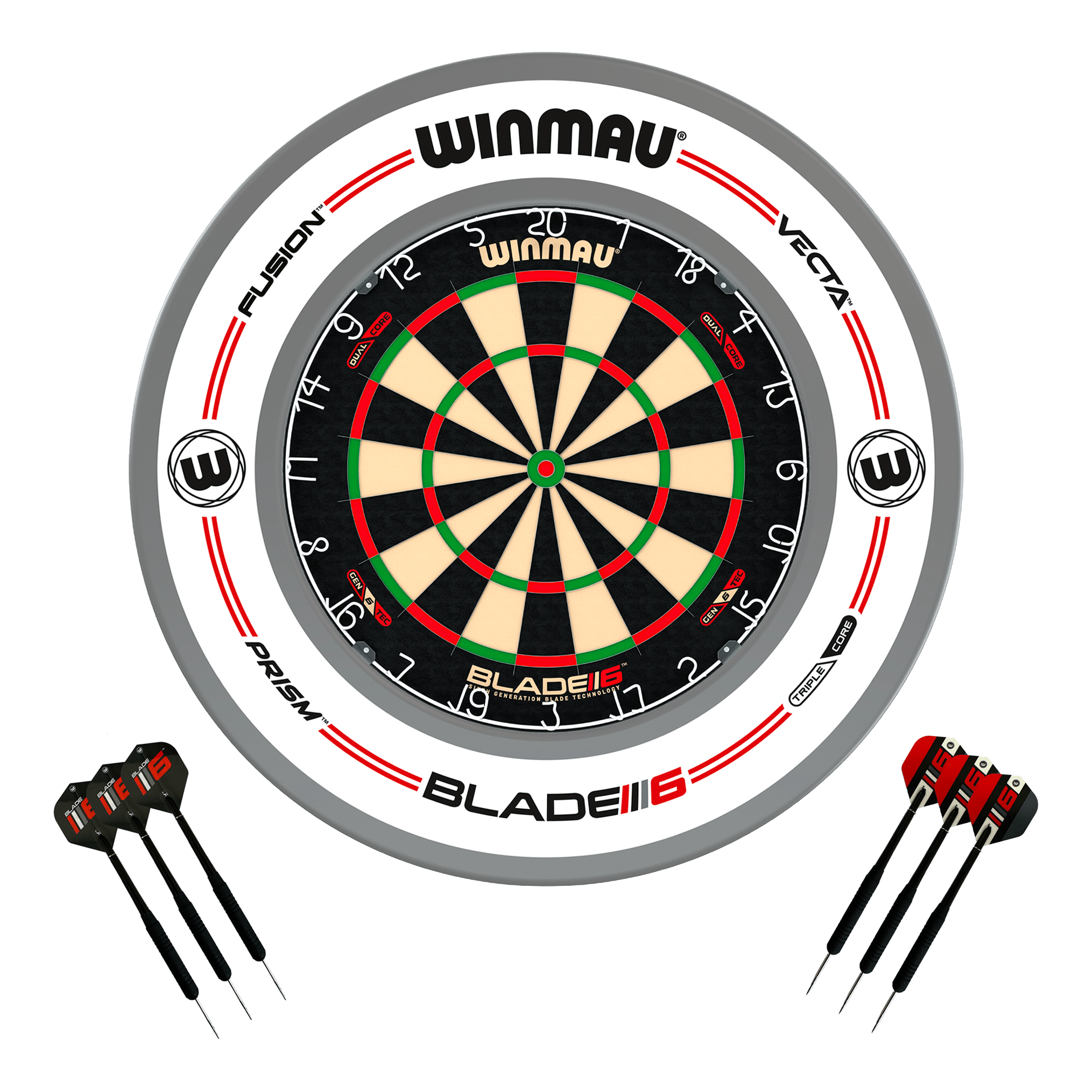 Winmau Blade 6 Dartboard, Surround & Darts - Complete Darts Set Blade 6 Dual Core / Pro-Line White Boards