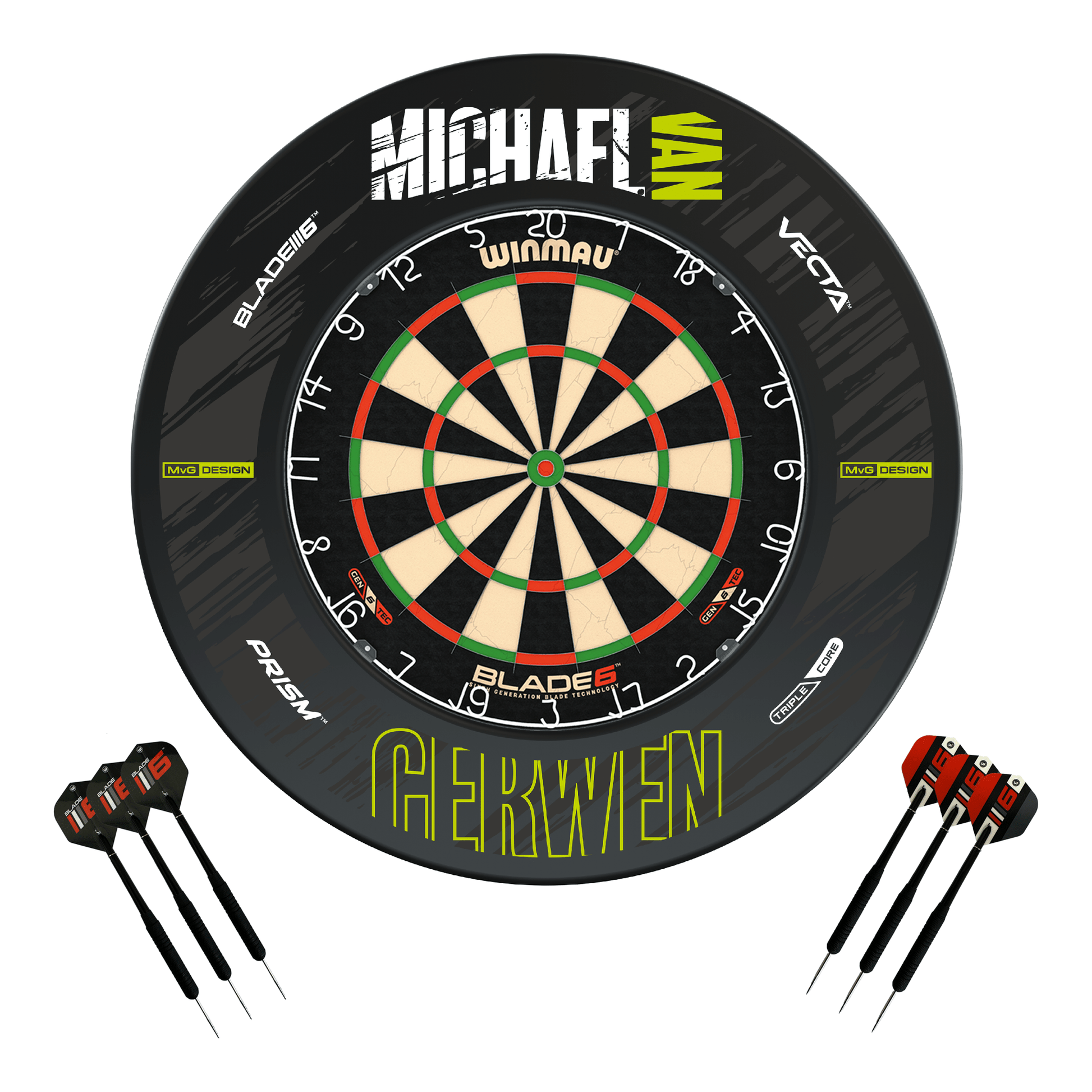 Winmau Blade 6 Dartboard, Surround & Darts - Complete Darts Set Blade 6 / MvG Retro Boards