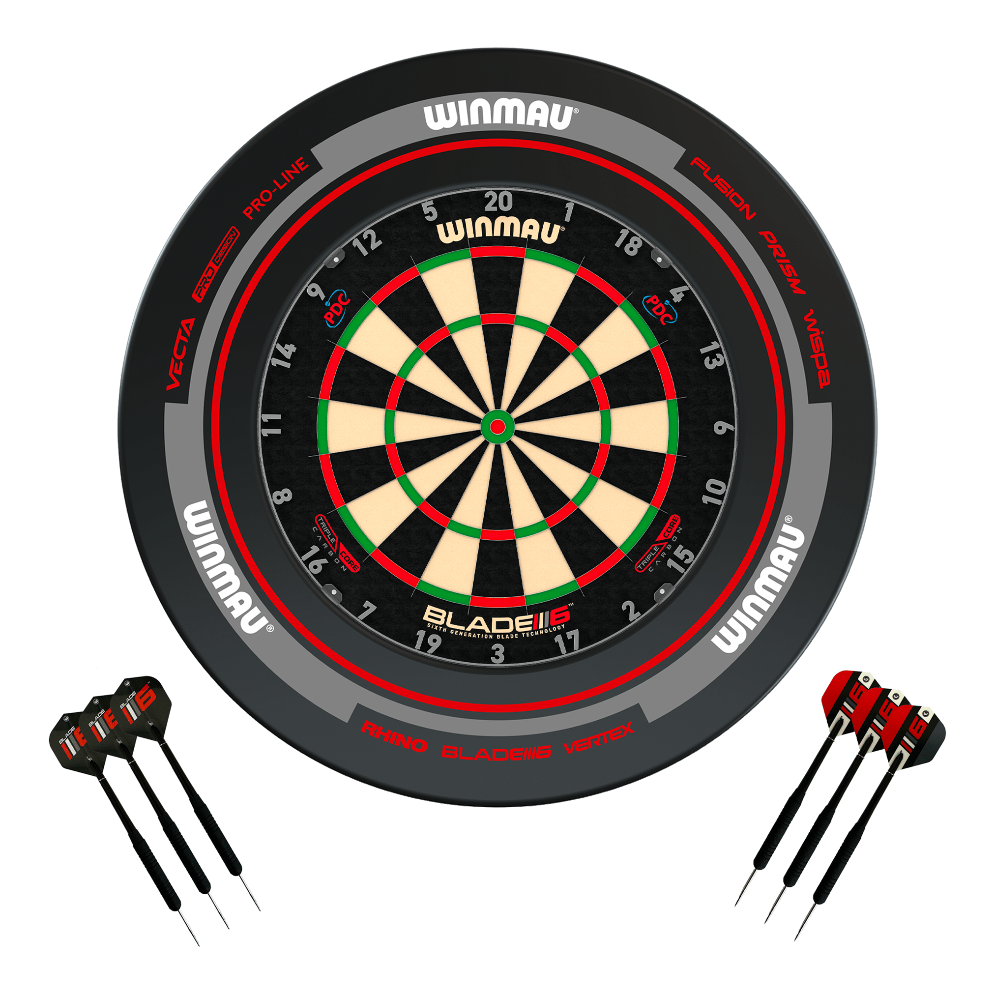 Winmau Blade 6 Dartboard, Surround & Darts - Complete Darts Set Blade 6 Triple Core / Advance Black/Red Boards