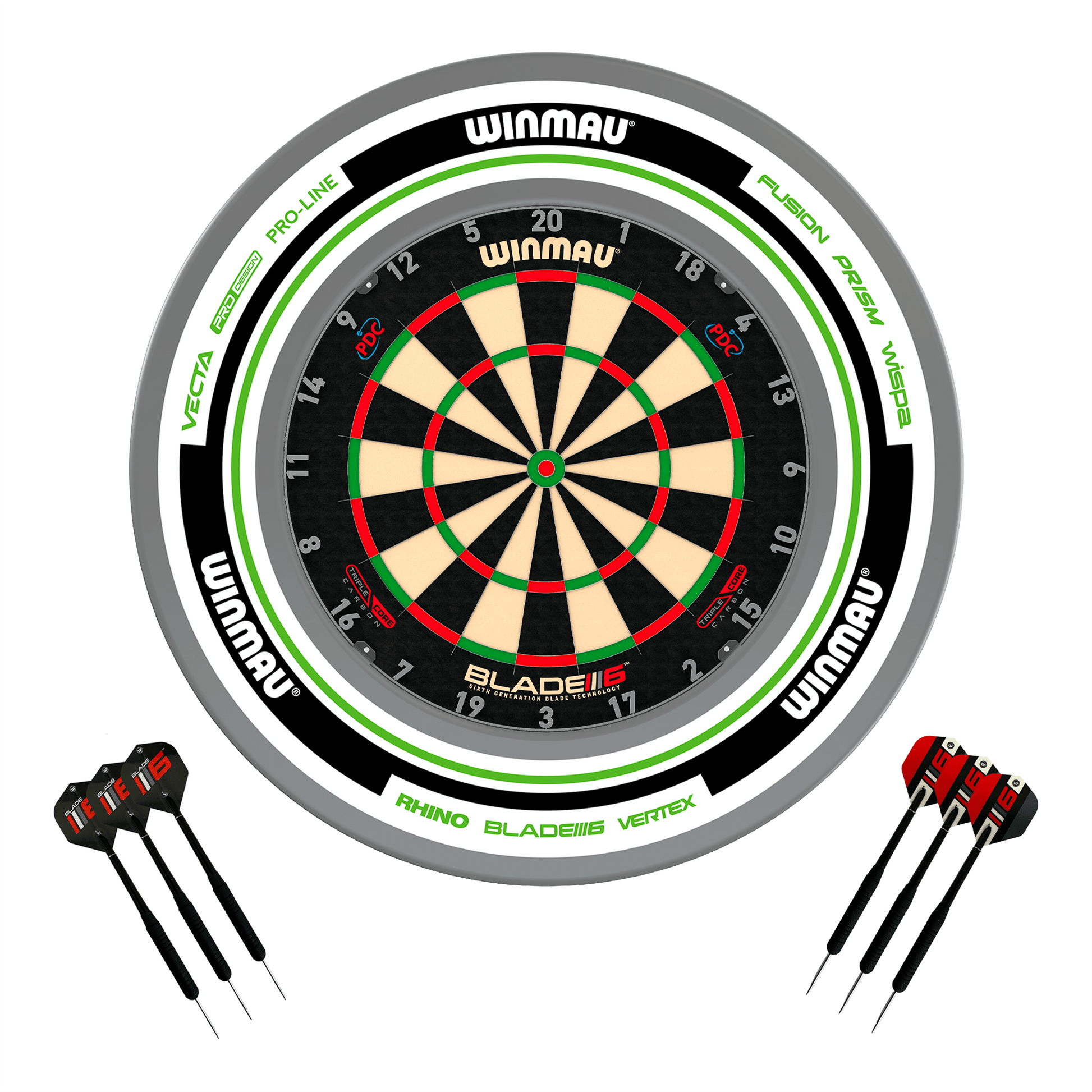 Winmau Blade 6 Dartboard, Surround & Darts - Complete Darts Set Blade 6 Triple Core / Advance White/Green Boards