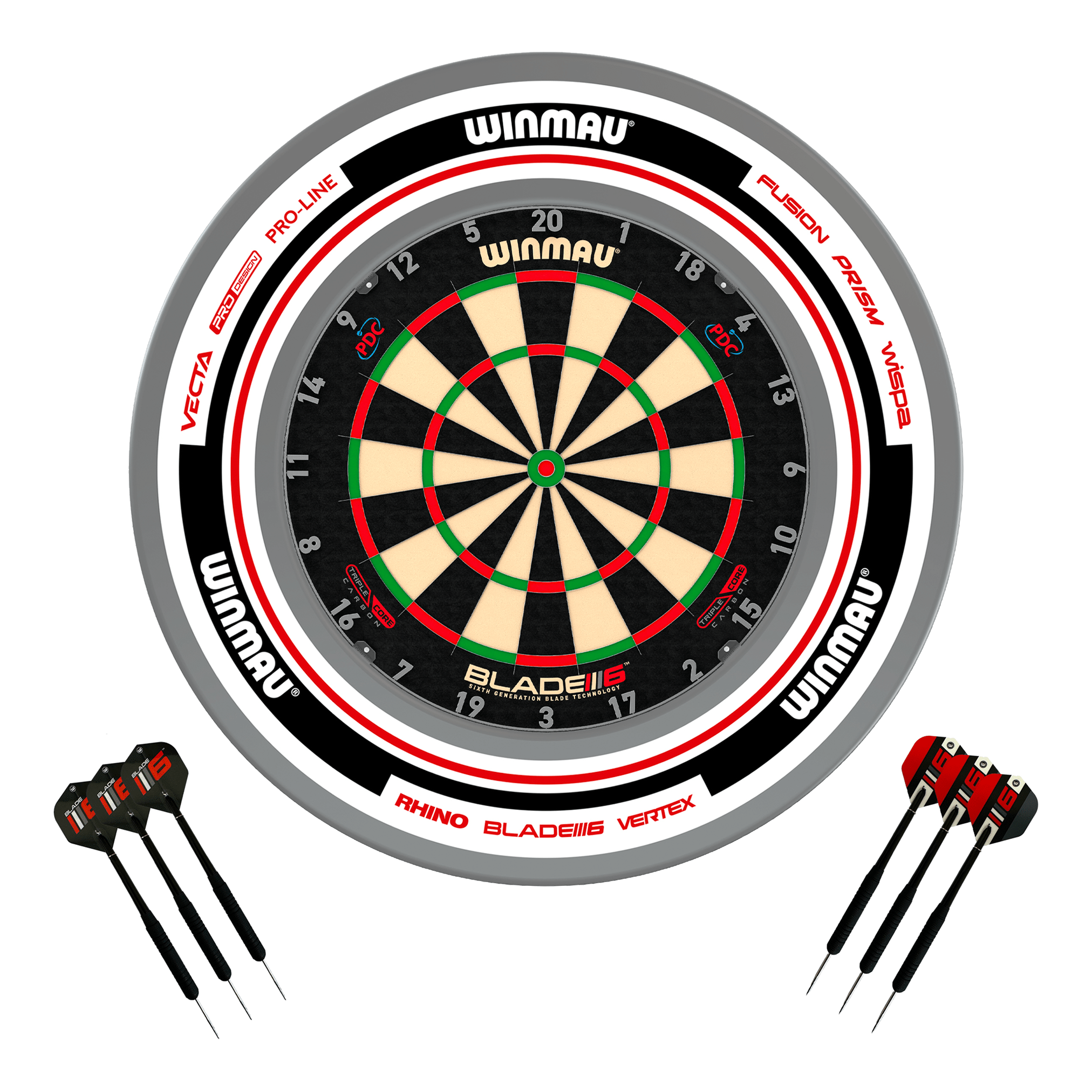 Winmau Blade 6 Dartboard, Surround & Darts - Complete Darts Set Blade 6 Triple Core / Advance White/Red Boards