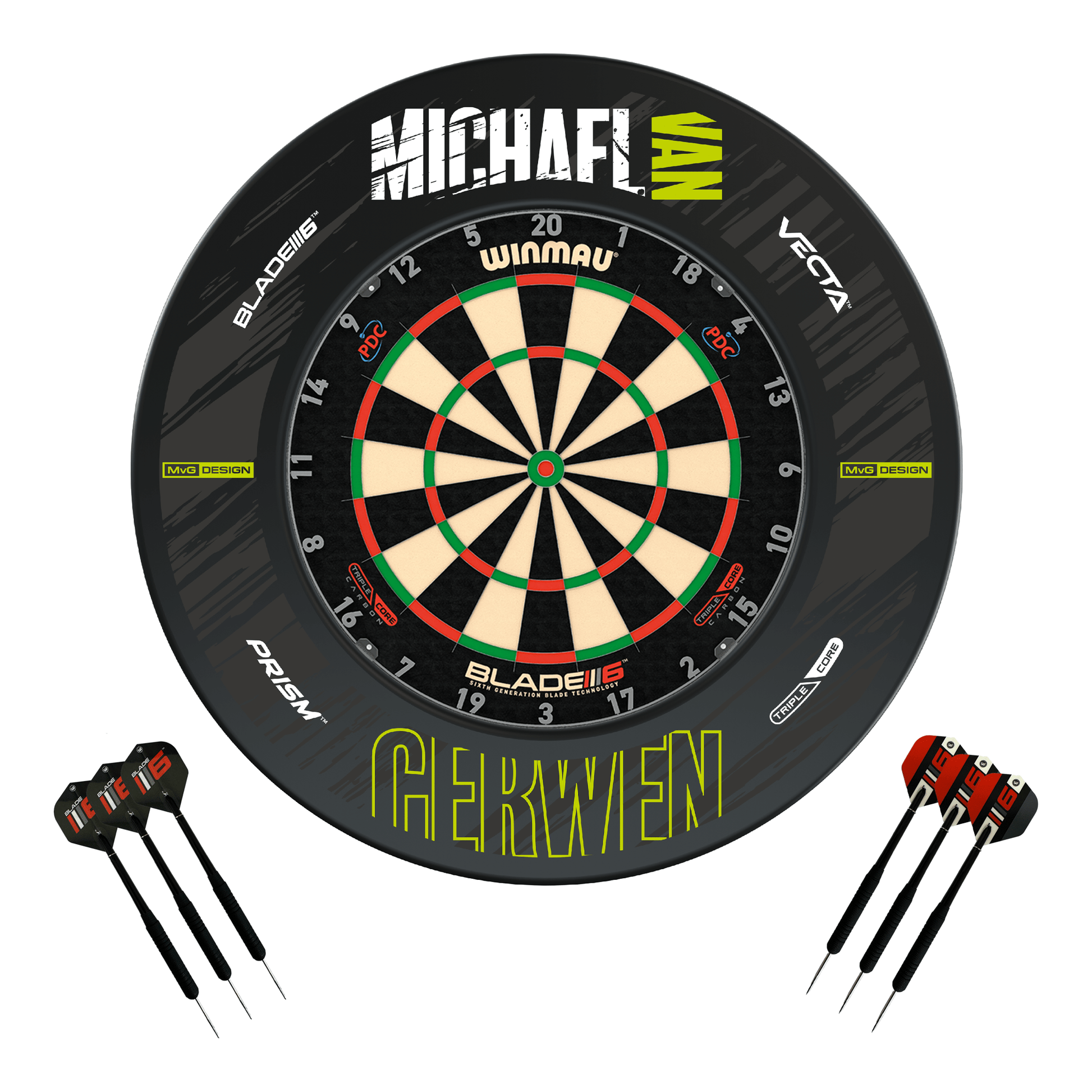 Winmau Blade 6 Dartboard, Surround & Darts - Complete Darts Set Blade 6 Triple Core / MvG Retro Boards