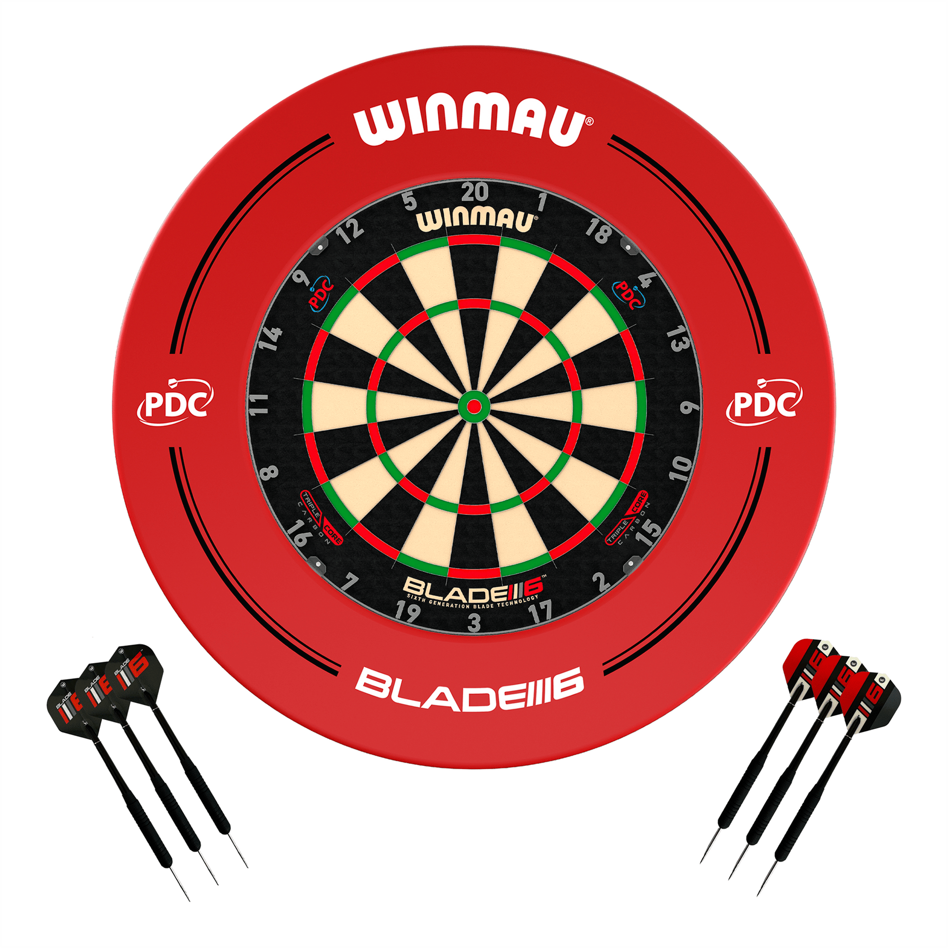 Winmau Blade 6 Dartboard, Surround & Darts - Complete Darts Set Blade 6 Triple Core / PDC Red Boards