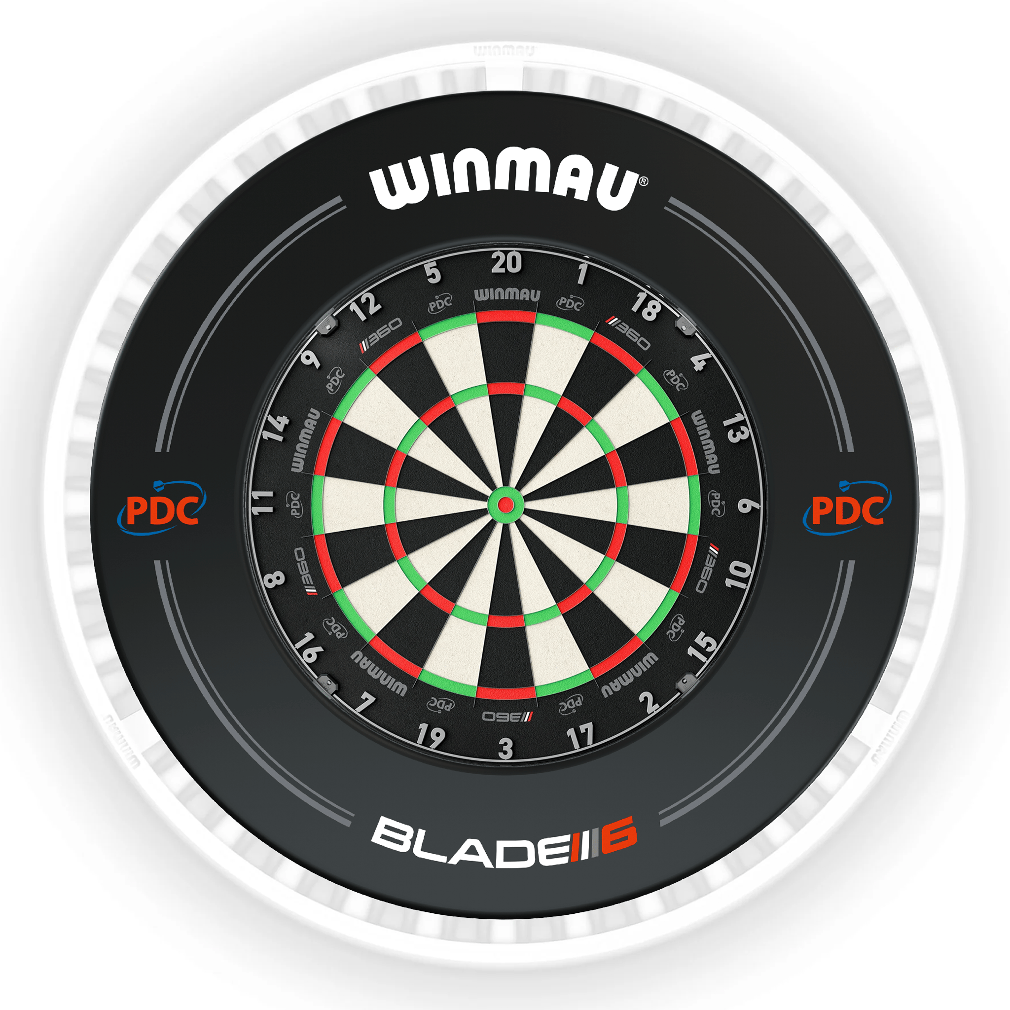 Winmau Blade 6 Dartboard, Surround & Ice White Plasma Light Bundle Blade 360 / PDC Black / Winmau Plasma Ice White Boards