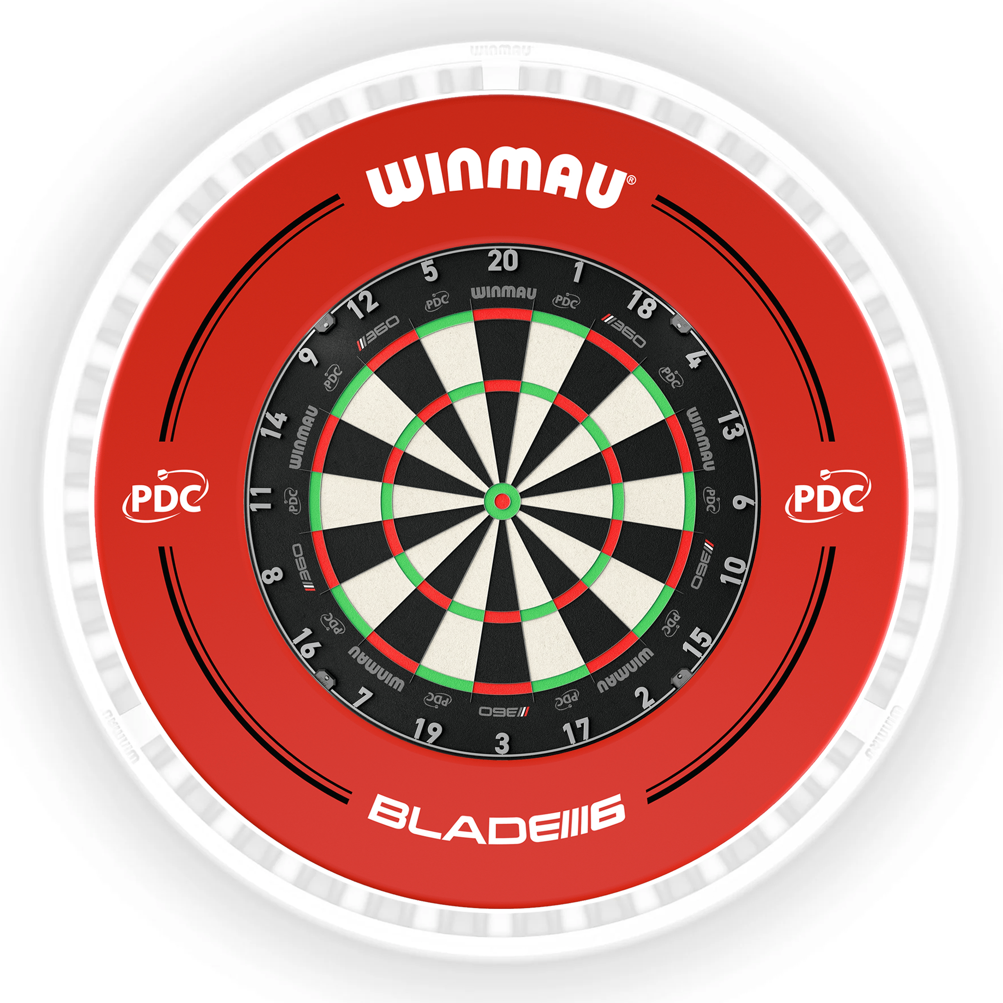 Winmau Blade 6 Dartboard, Surround & Ice White Plasma Light Bundle Blade 360 / PDC Red / Winmau Plasma Ice White Boards