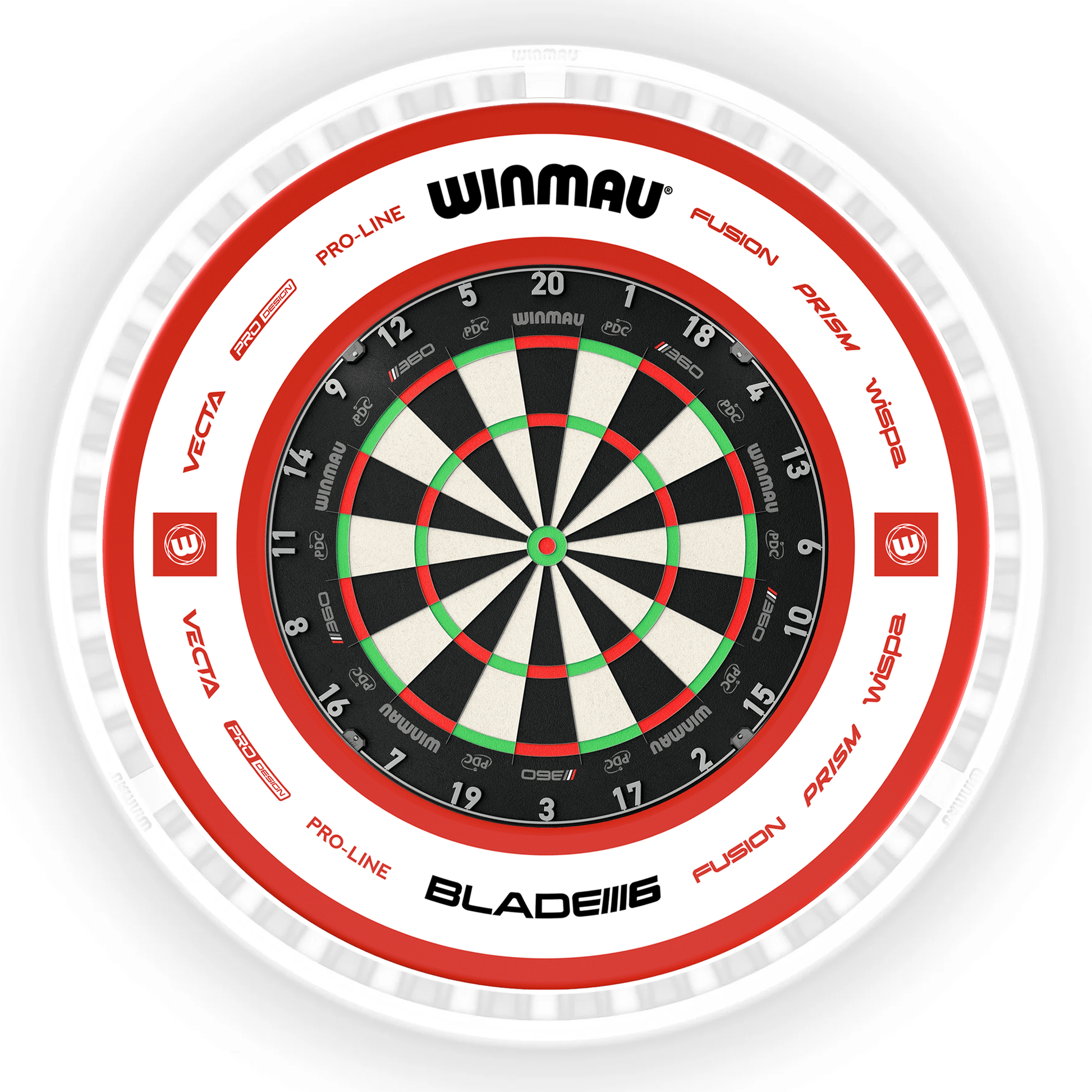 Winmau Blade 6 Dartboard, Surround & Ice White Plasma Light Bundle Blade 360 / Pro 2.0 Red / Winmau Plasma Ice White Boards