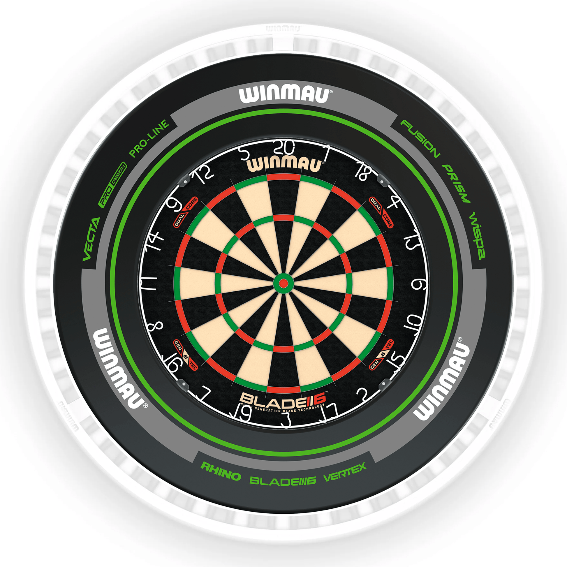 Winmau Blade 6 Dartboard, Surround & Ice White Plasma Light Bundle Blade 6 Dual Core / Advance Black/Green / Winmau Plasma Ice White Boards