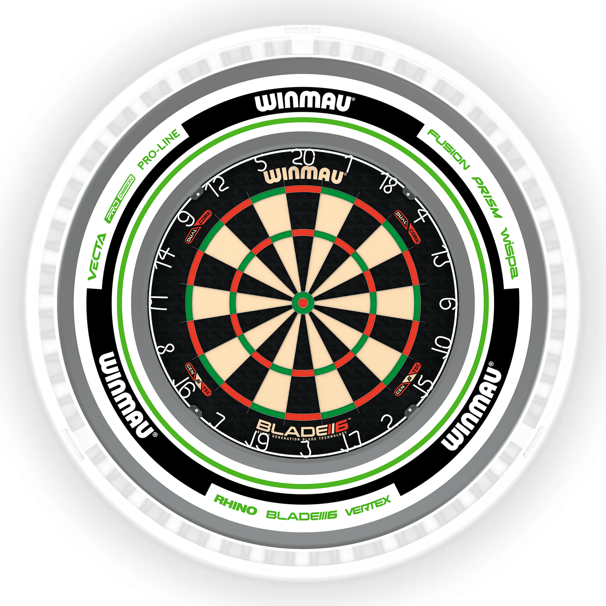 Winmau Blade 6 Dartboard, Surround & Ice White Plasma Light Bundle Blade 6 Dual Core / Advance White/Green / Winmau Plasma Ice White Boards