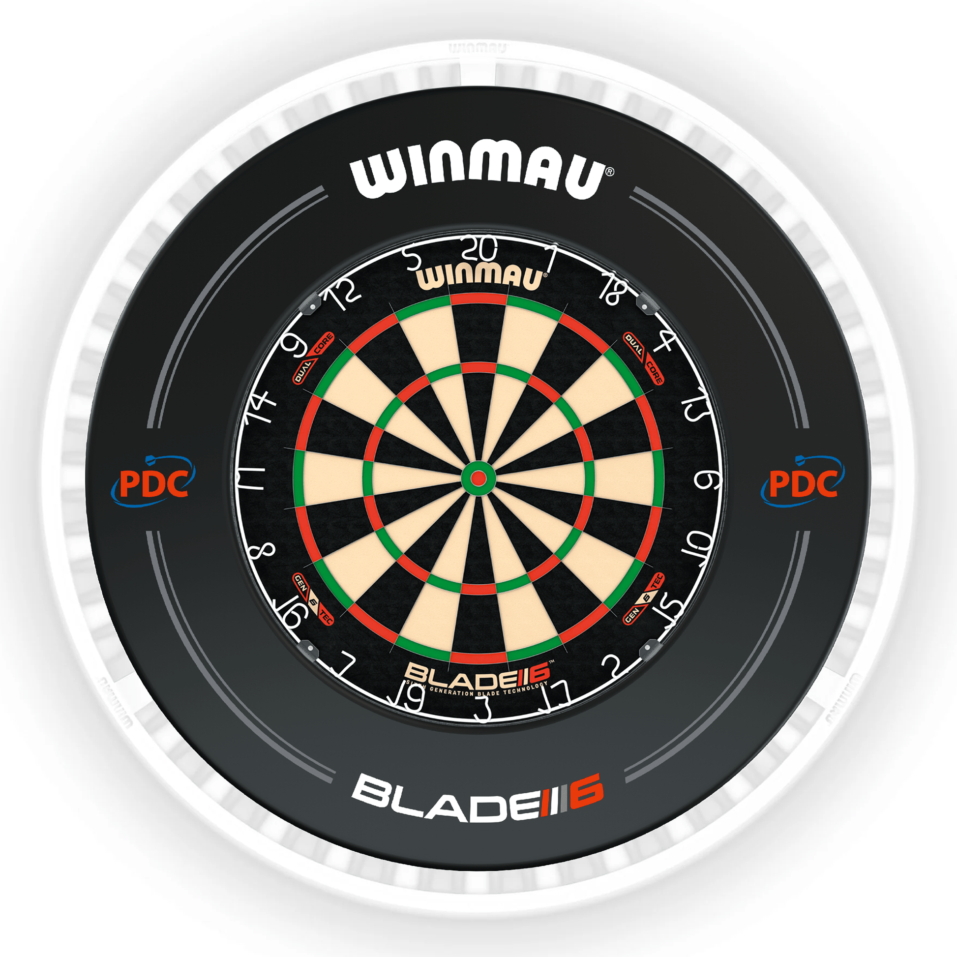 Winmau Blade 6 Dartboard, Surround & Ice White Plasma Light Bundle Blade 6 Dual Core / PDC Black / Winmau Plasma Ice White Boards