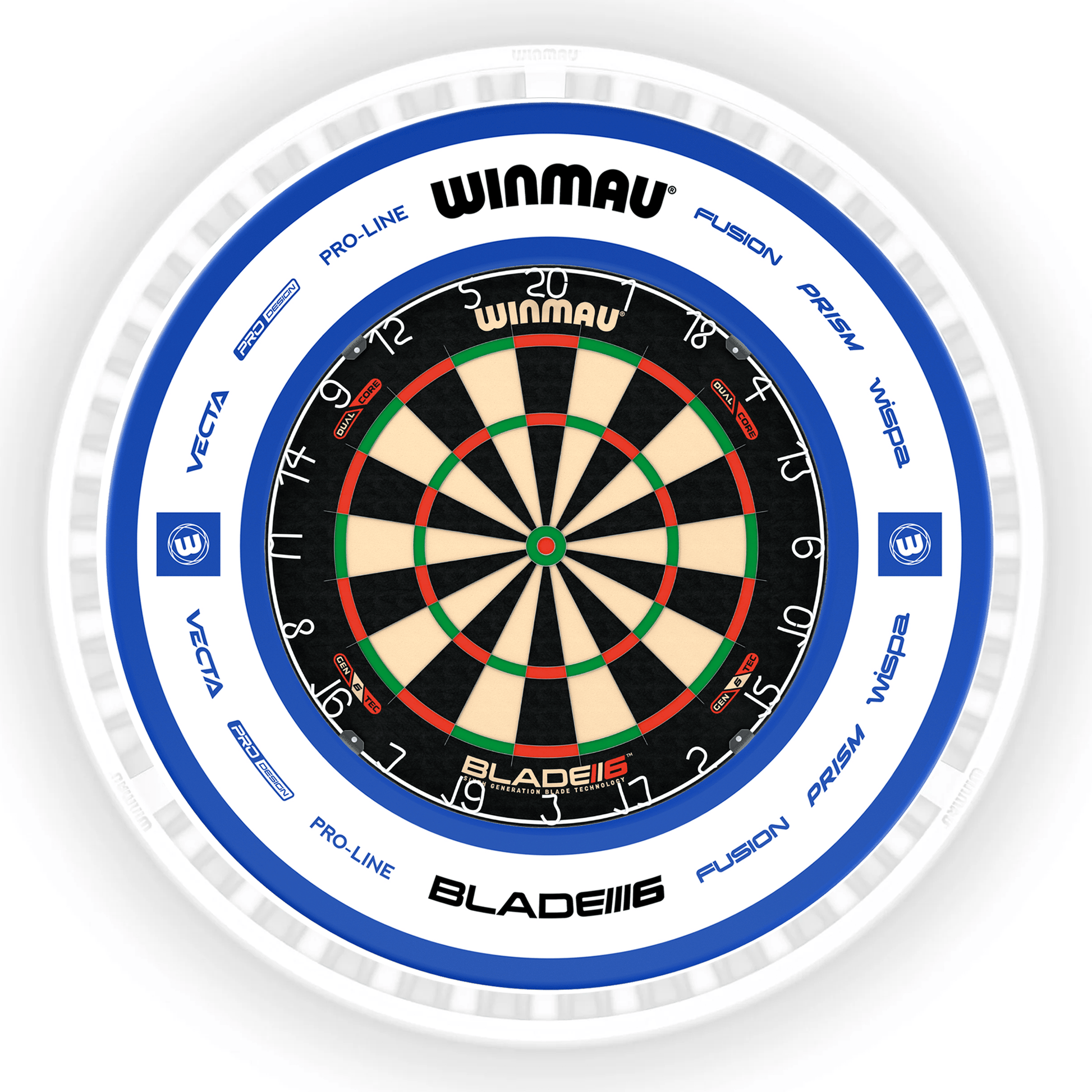 Winmau Blade 6 Dartboard, Surround & Ice White Plasma Light Bundle Blade 6 Dual Core / Pro 2.0 Blue / Winmau Plasma Ice White Boards