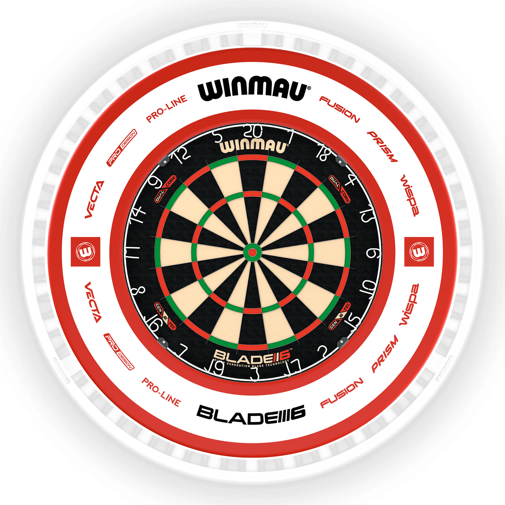 Winmau Blade 6 Dartboard, Surround & Ice White Plasma Light Bundle Blade 6 Dual Core / Pro 2.0 Red / Winmau Plasma Ice White Boards