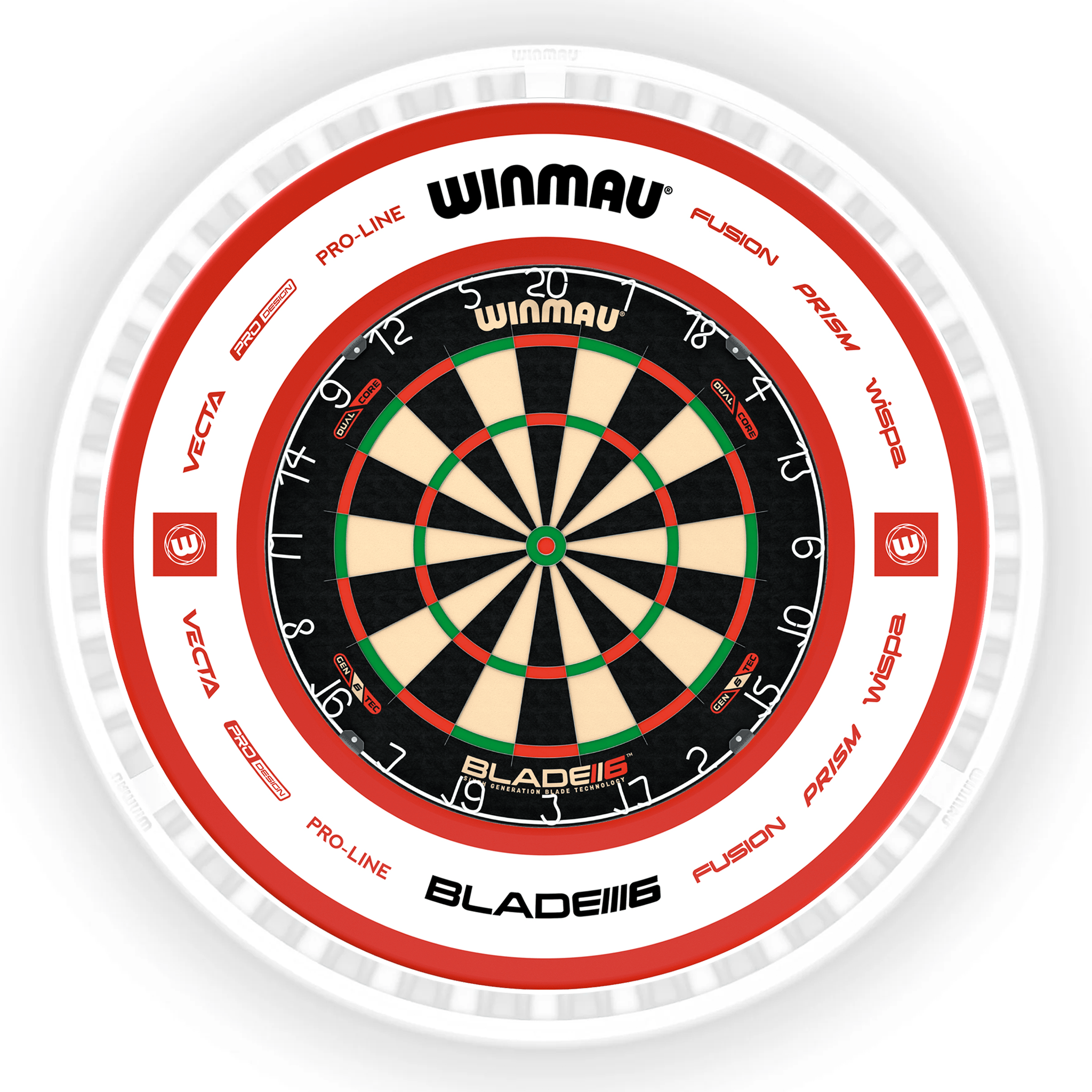 Winmau Blade 6 Dartboard, Surround & Ice White Plasma Light Bundle Blade 6 Dual Core / Pro 2.0 Red / Winmau Plasma Ice White Boards