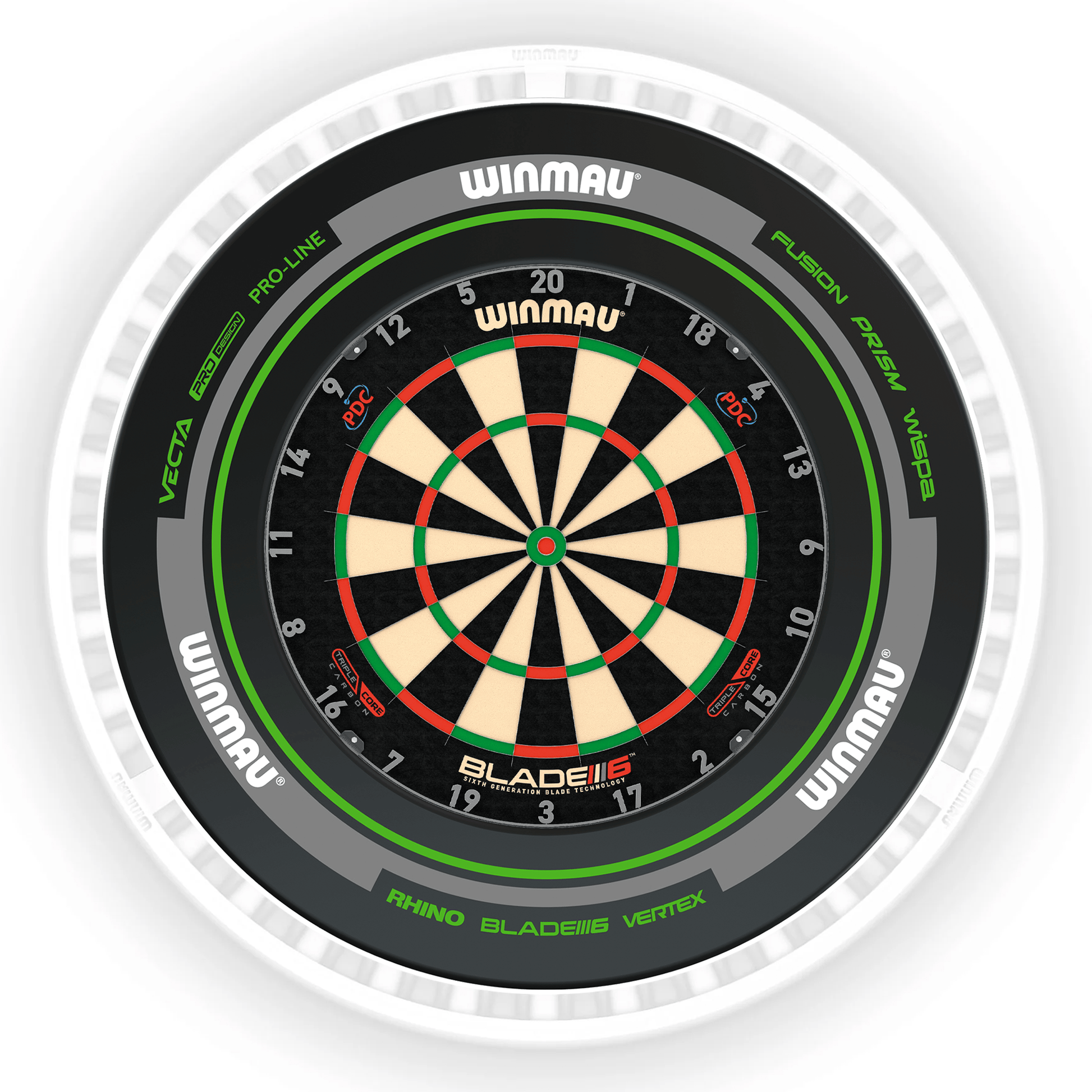 Winmau Blade 6 Dartboard, Surround & Ice White Plasma Light Bundle Blade 6 Triple Core / Advance Black/Green / Winmau Plasma Ice White Boards