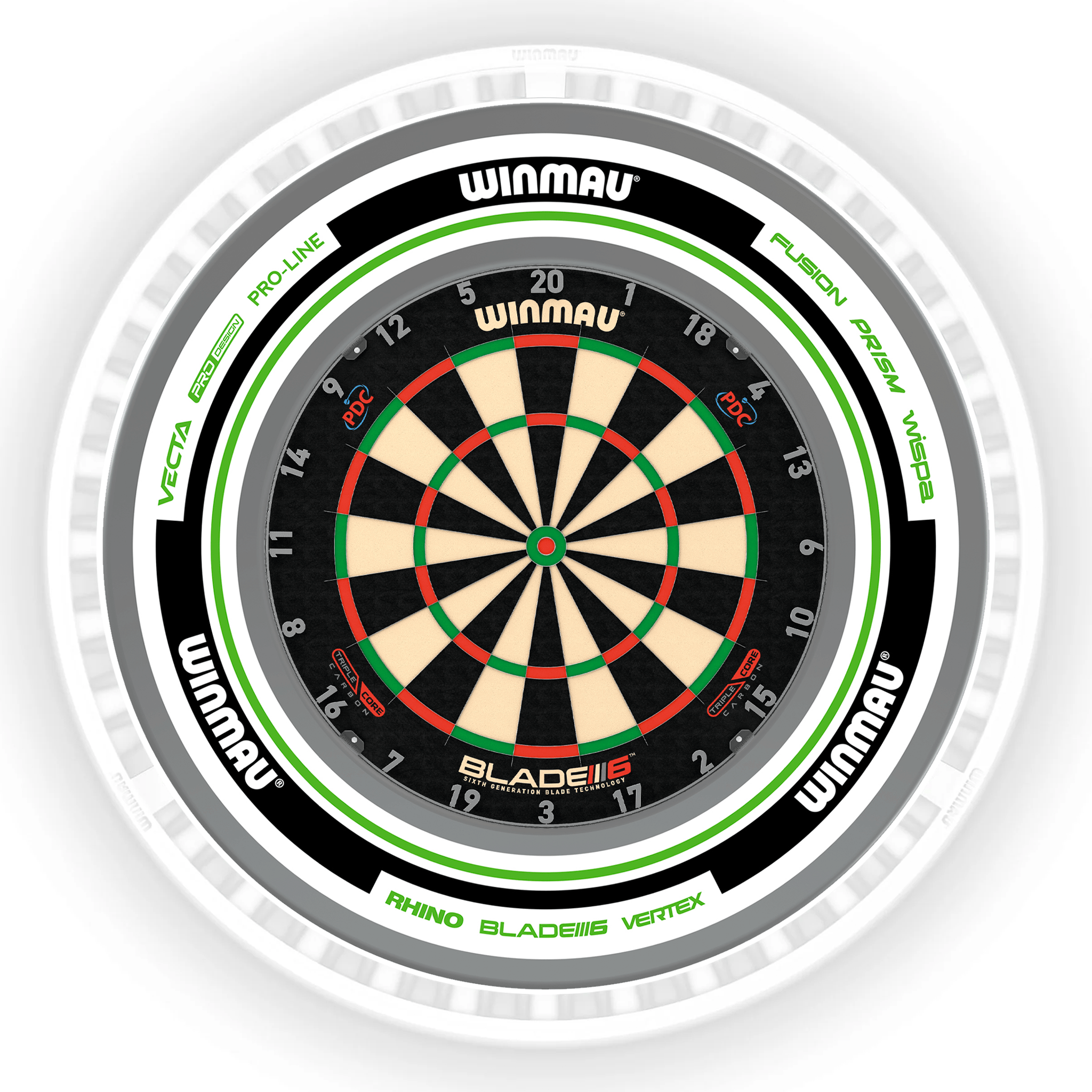 Winmau Blade 6 Dartboard, Surround & Ice White Plasma Light Bundle Blade 6 Triple Core / Advance White/Green / Winmau Plasma Ice White Boards