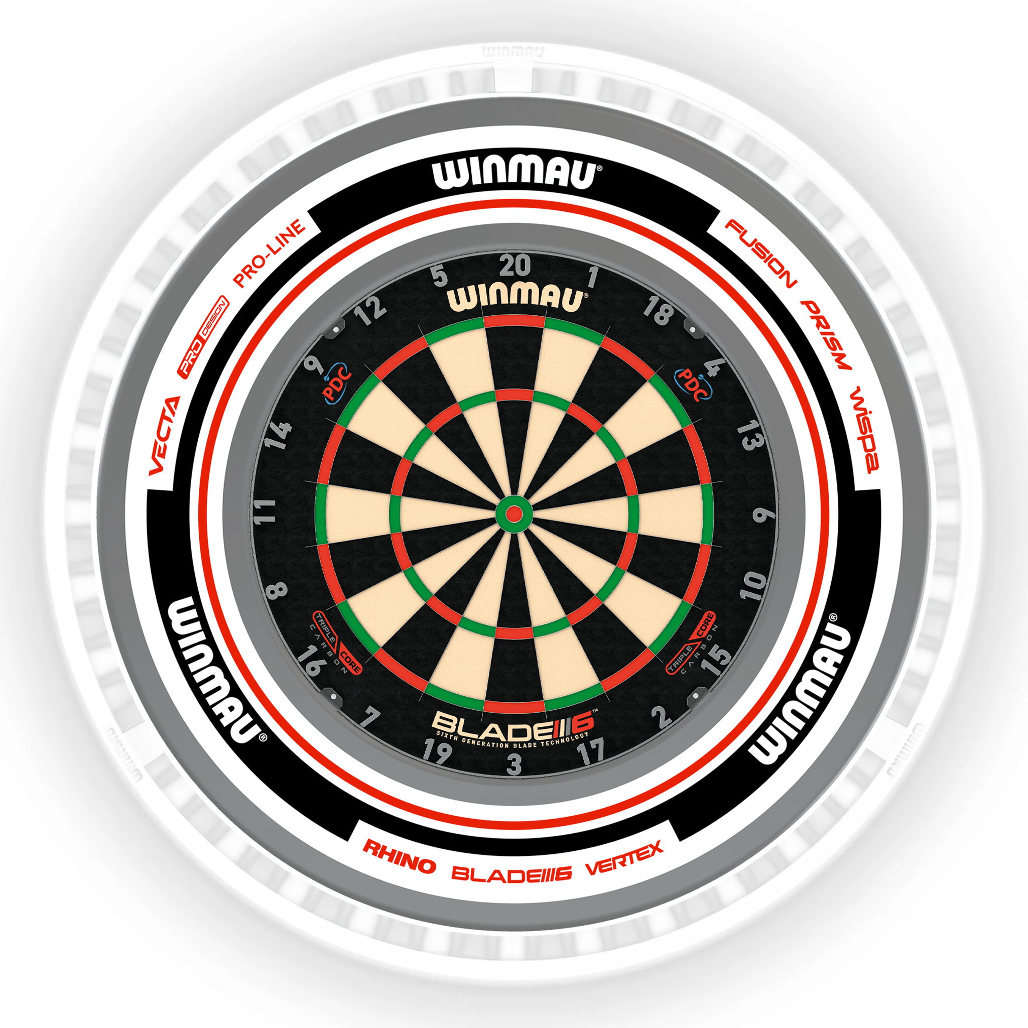 Winmau Blade 6 Dartboard, Surround & Ice White Plasma Light Bundle Blade 6 Triple Core / Advance White/Red / Winmau Plasma Ice White Boards