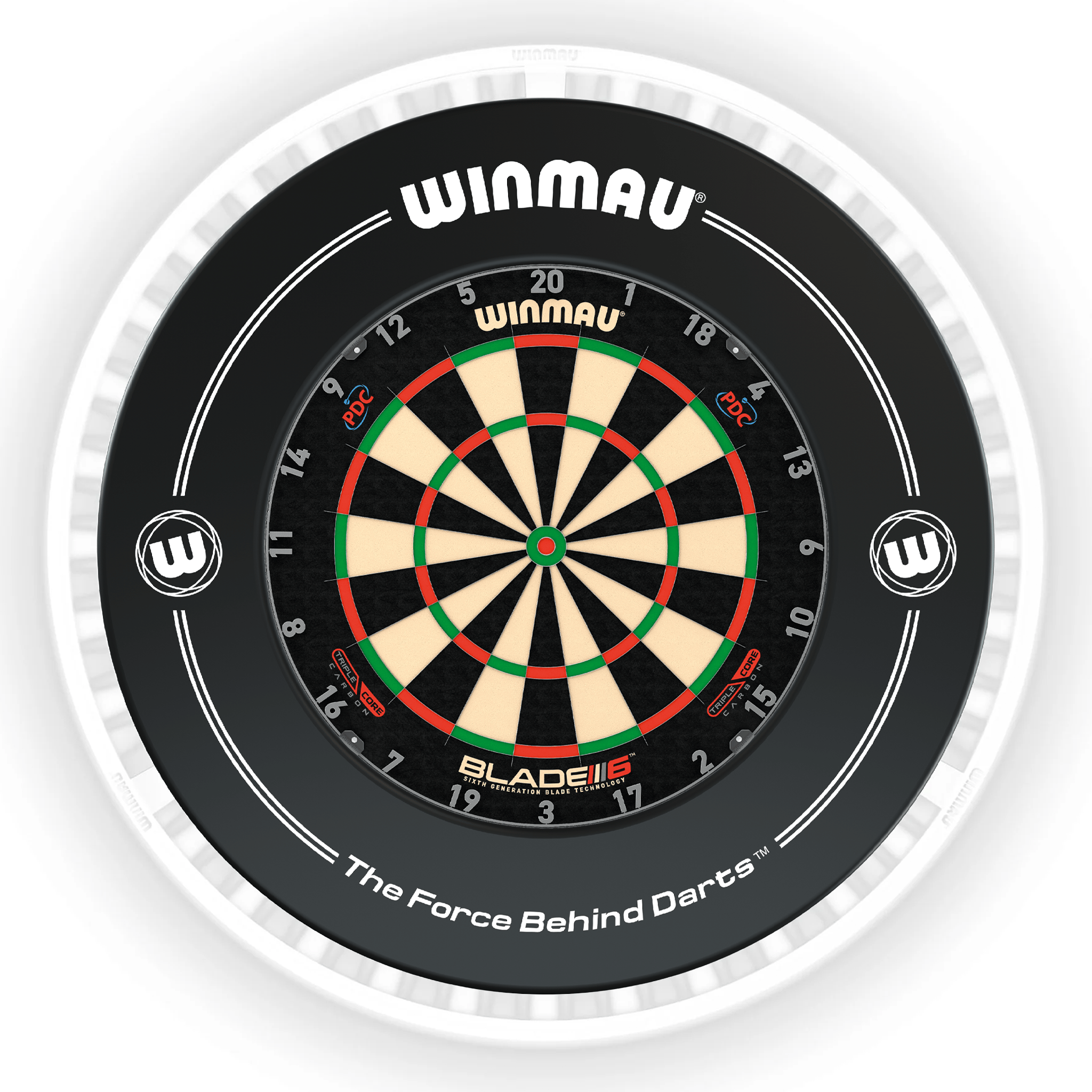 Winmau Blade 6 Dartboard, Surround & Ice White Plasma Light Bundle Blade 6 Triple Core / Black / Winmau Plasma Ice White Boards