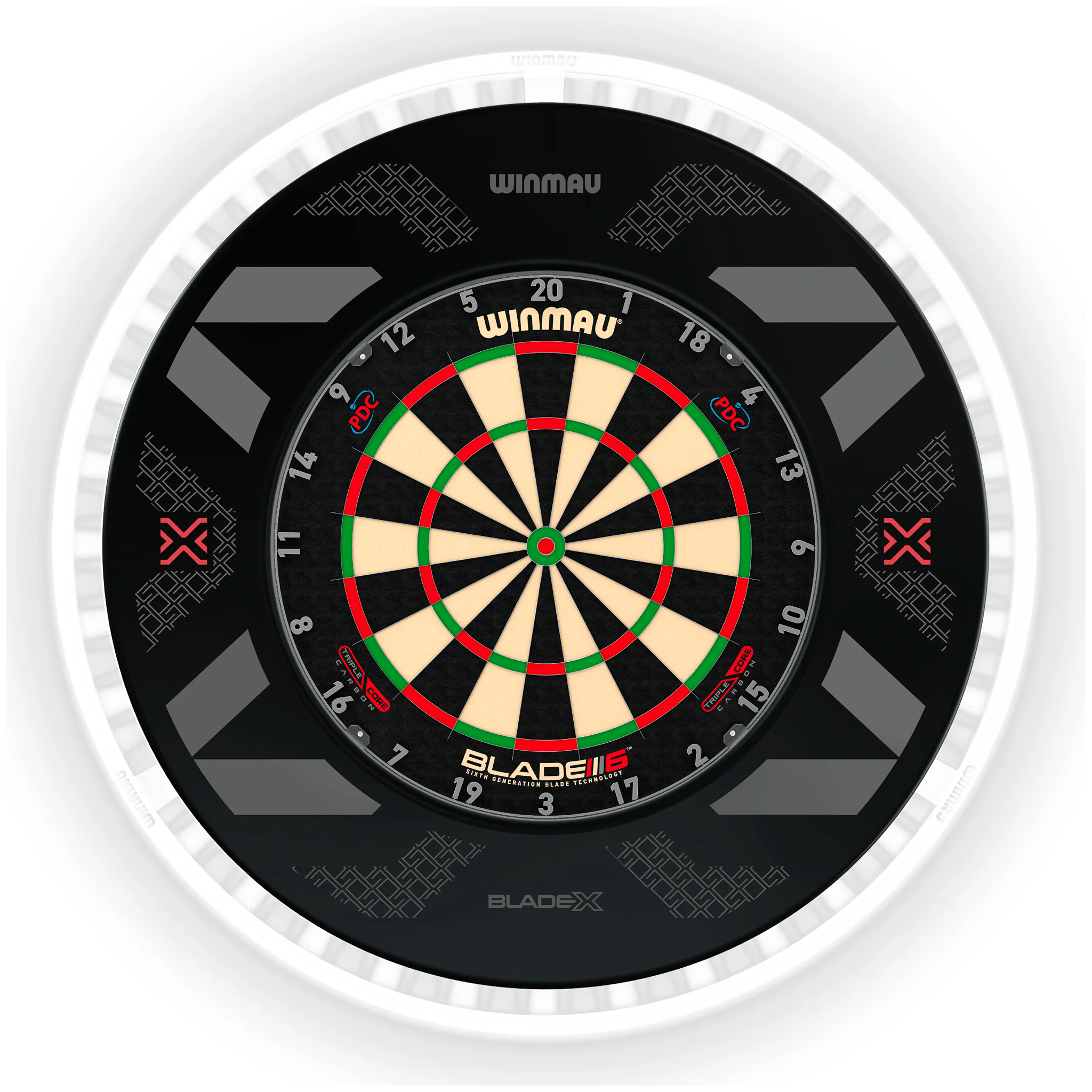 Winmau Blade 6 Dartboard, Surround & Ice White Plasma Light Bundle Blade 6 Triple Core / Blade X / Winmau Plasma Ice White Boards