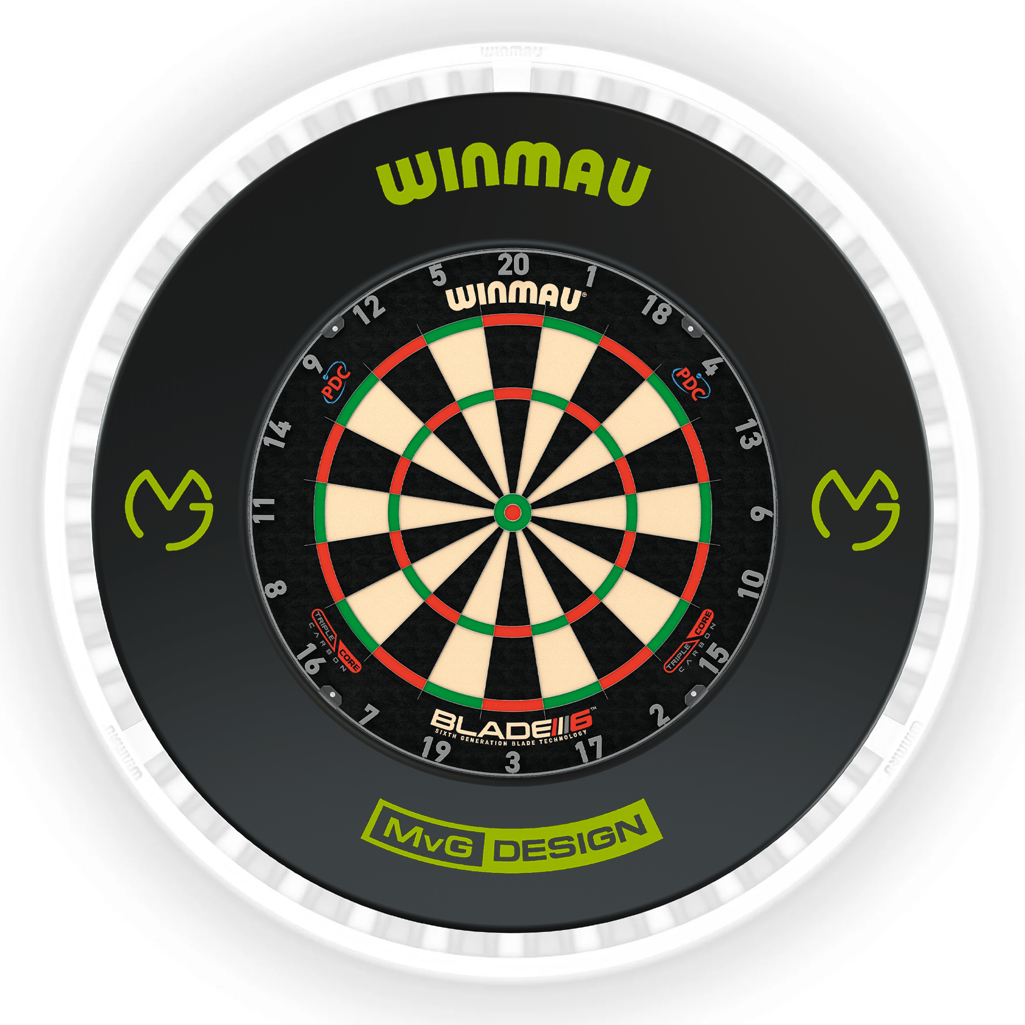 Winmau Blade 6 Dartboard, Surround & Ice White Plasma Light Bundle Blade 6 Triple Core / MvG / Winmau Plasma Ice White Boards