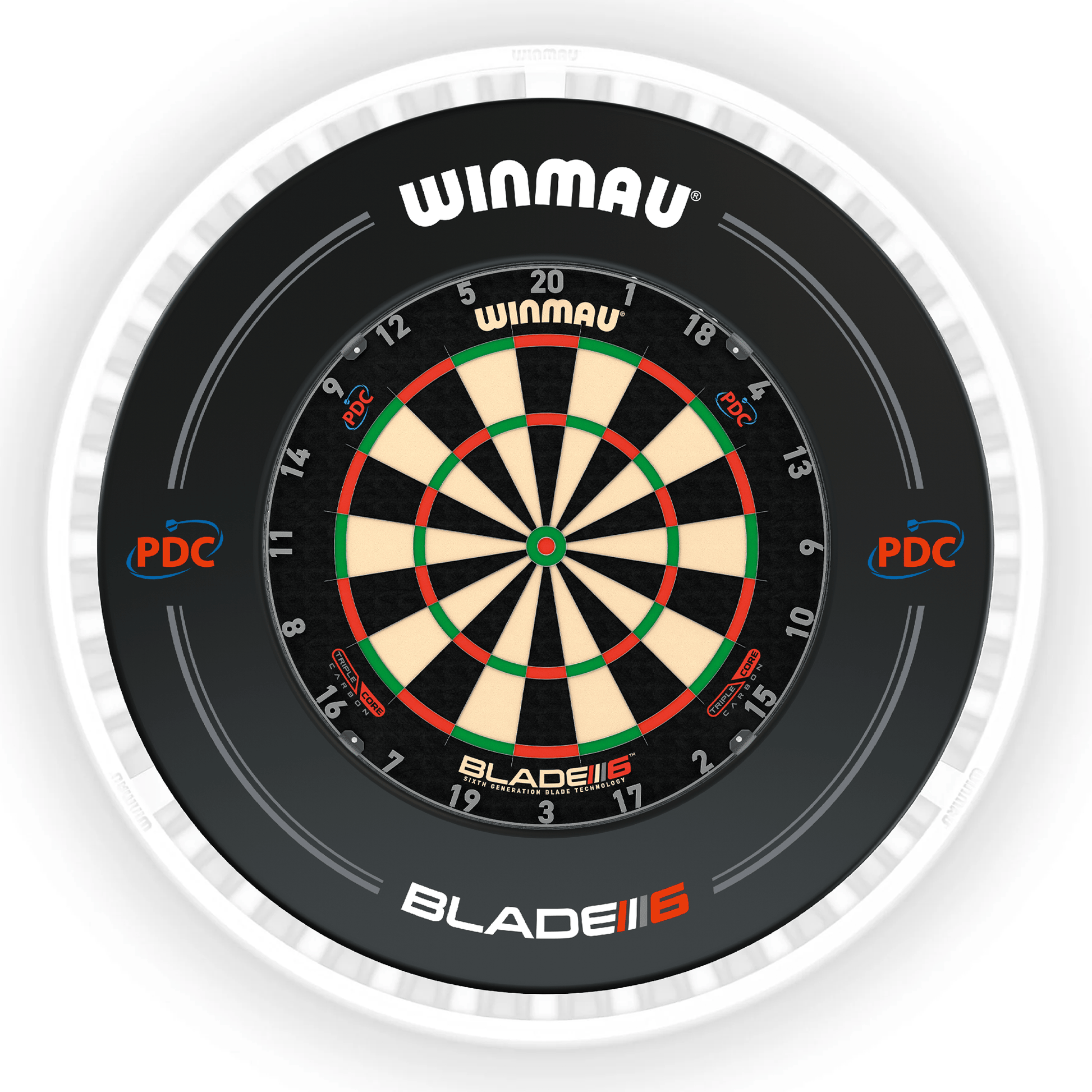 Winmau Blade 6 Dartboard, Surround & Ice White Plasma Light Bundle Blade 6 Triple Core / PDC Black / Winmau Plasma Ice White Boards