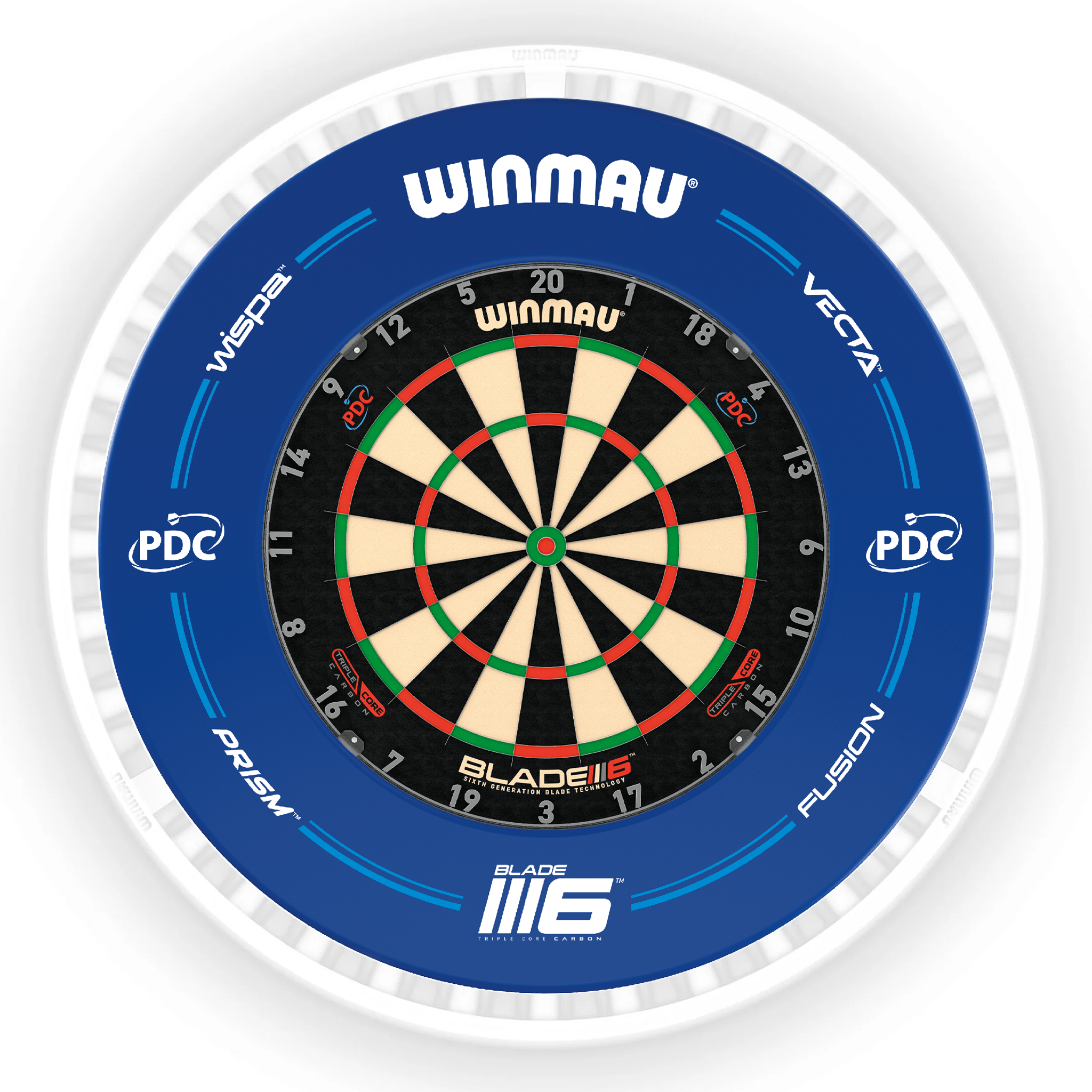 Winmau Blade 6 Dartboard, Surround & Ice White Plasma Light Bundle Blade 6 Triple Core / PDC Blue / Winmau Plasma Ice White Boards