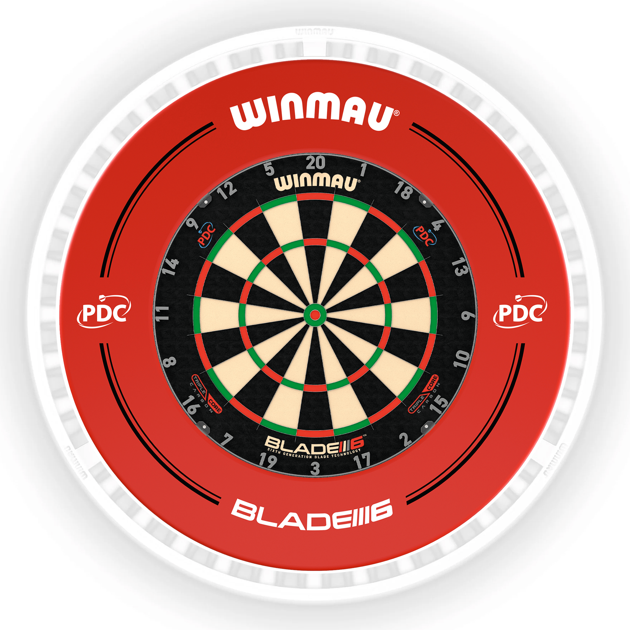 Winmau Blade 6 Dartboard, Surround & Ice White Plasma Light Bundle Blade 6 Triple Core / PDC Red / Winmau Plasma Ice White Boards